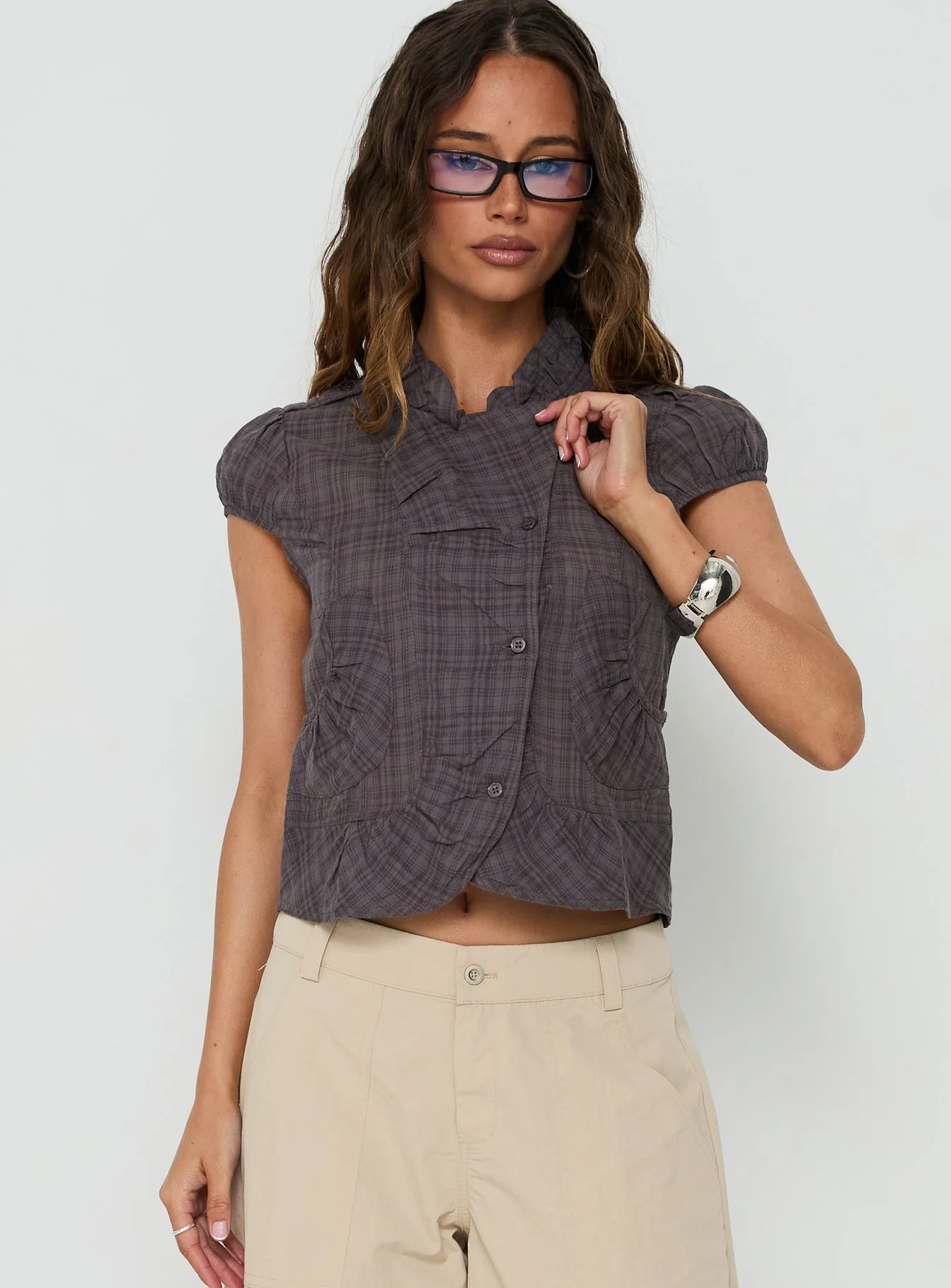 Aryalda Cap Sleeve Blouse Top Multi Check - FASHION NOB