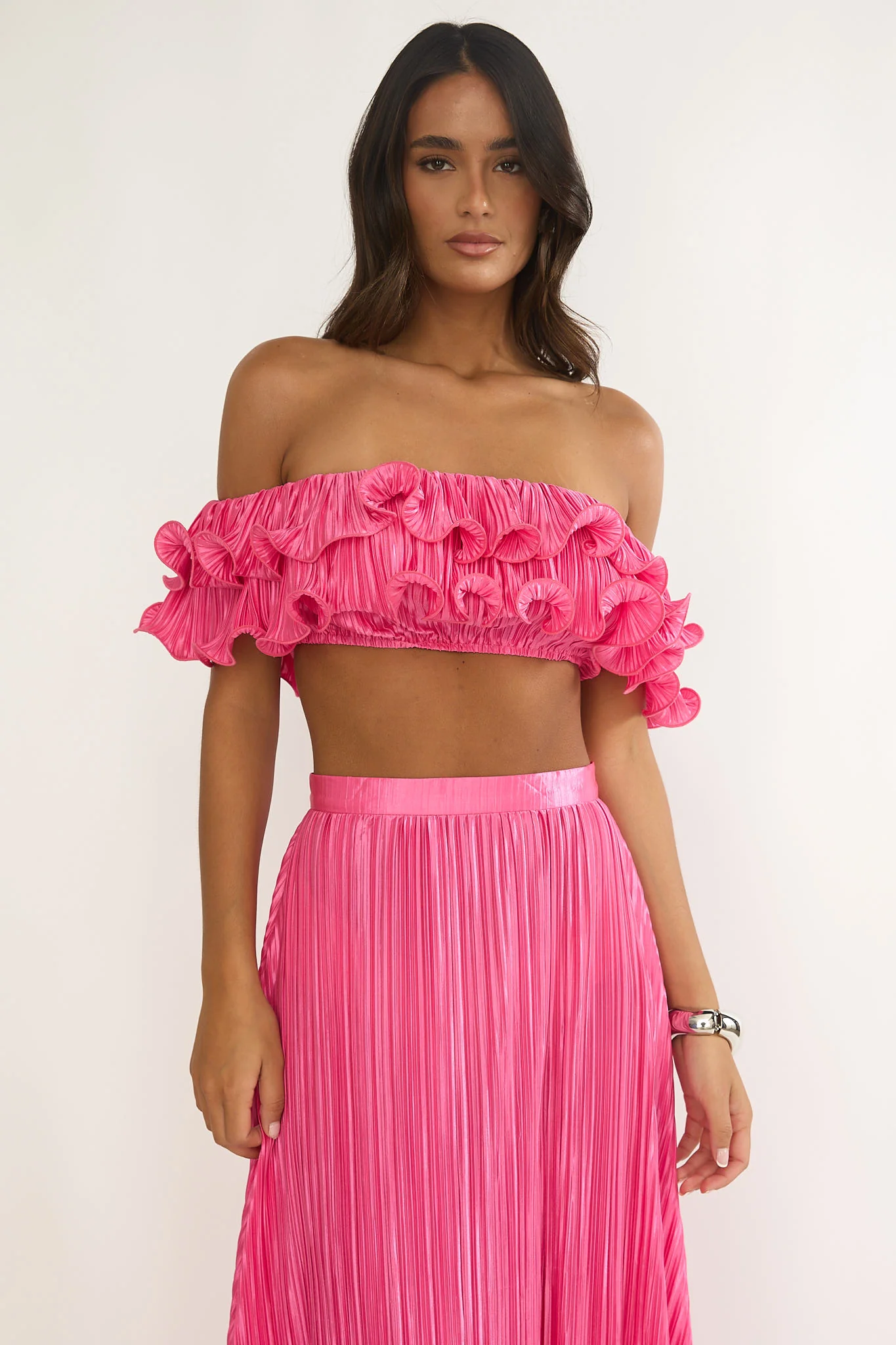 Amaria Off-Shoulder Lettuce Edge Crop Top Hot Pink