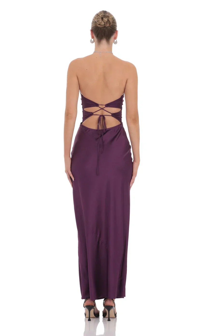 Satin Twist Cutout Maxi Dress in Purple