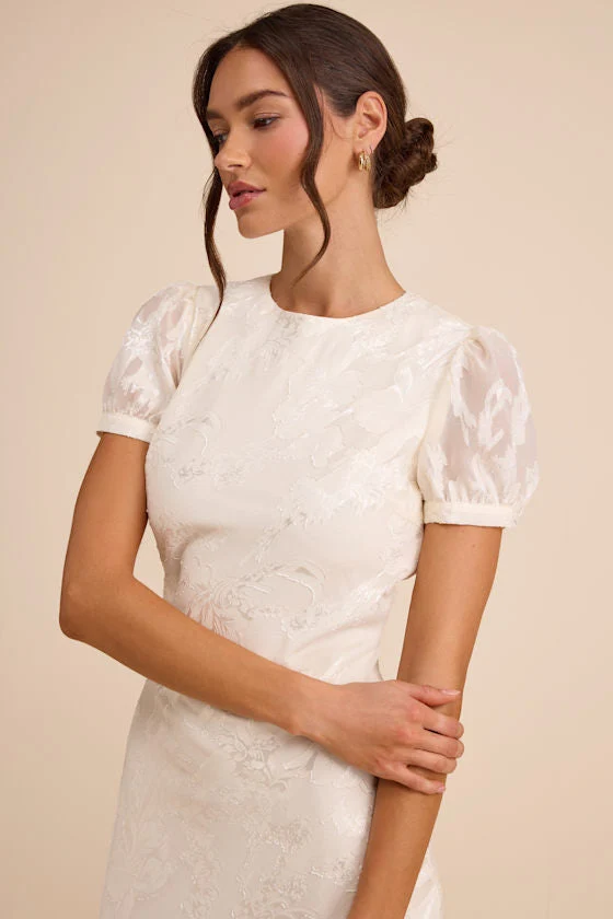 Bridget Ivory Floral Jacquard Puff Sleeve Midi Dress - luluinthesky
