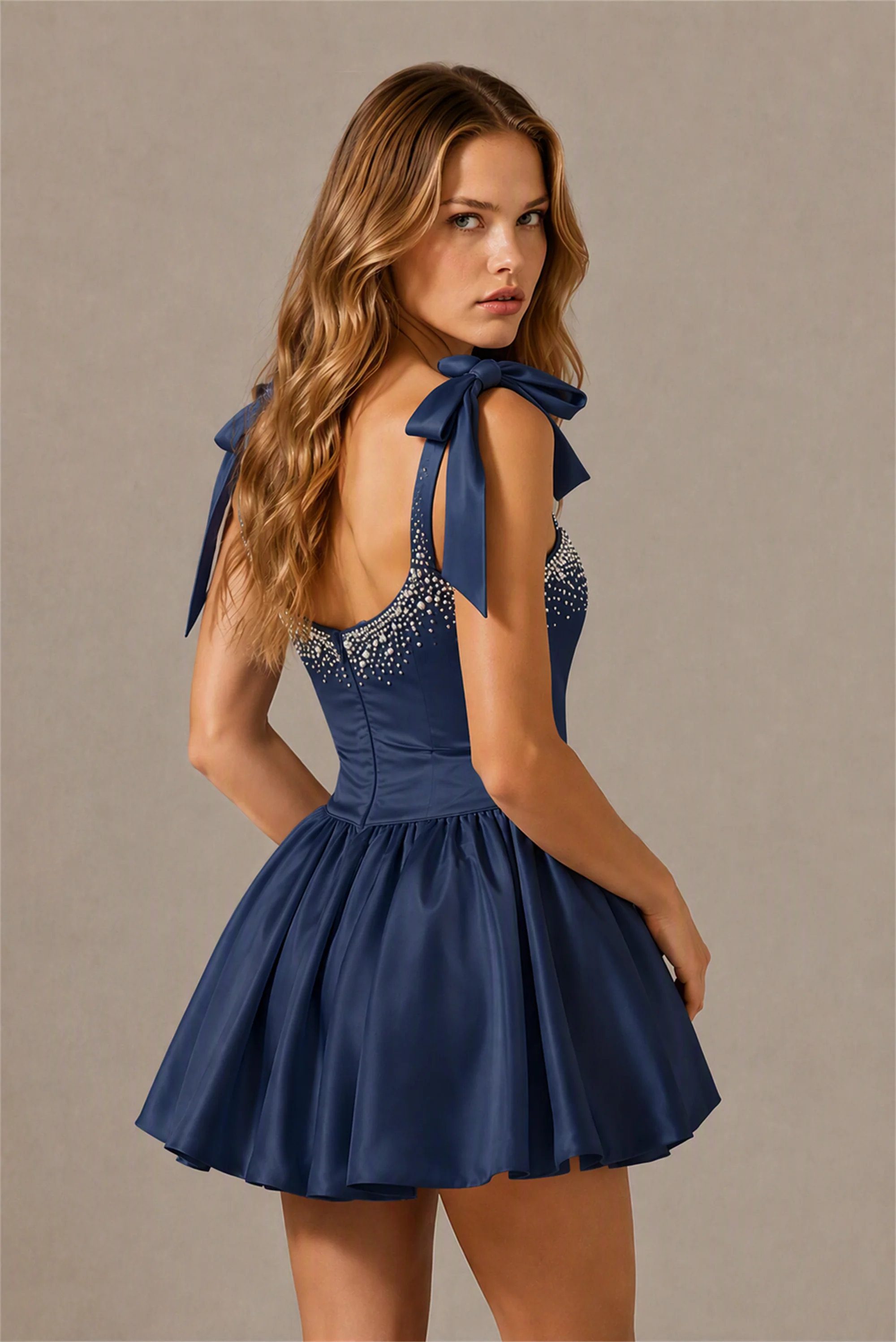 BOLODOO Navy Blue Satin Pearl Embellished Sweetheart Bow Strap Bubble Hem Mini Dress | Cocktail Prom Homecoming Dress