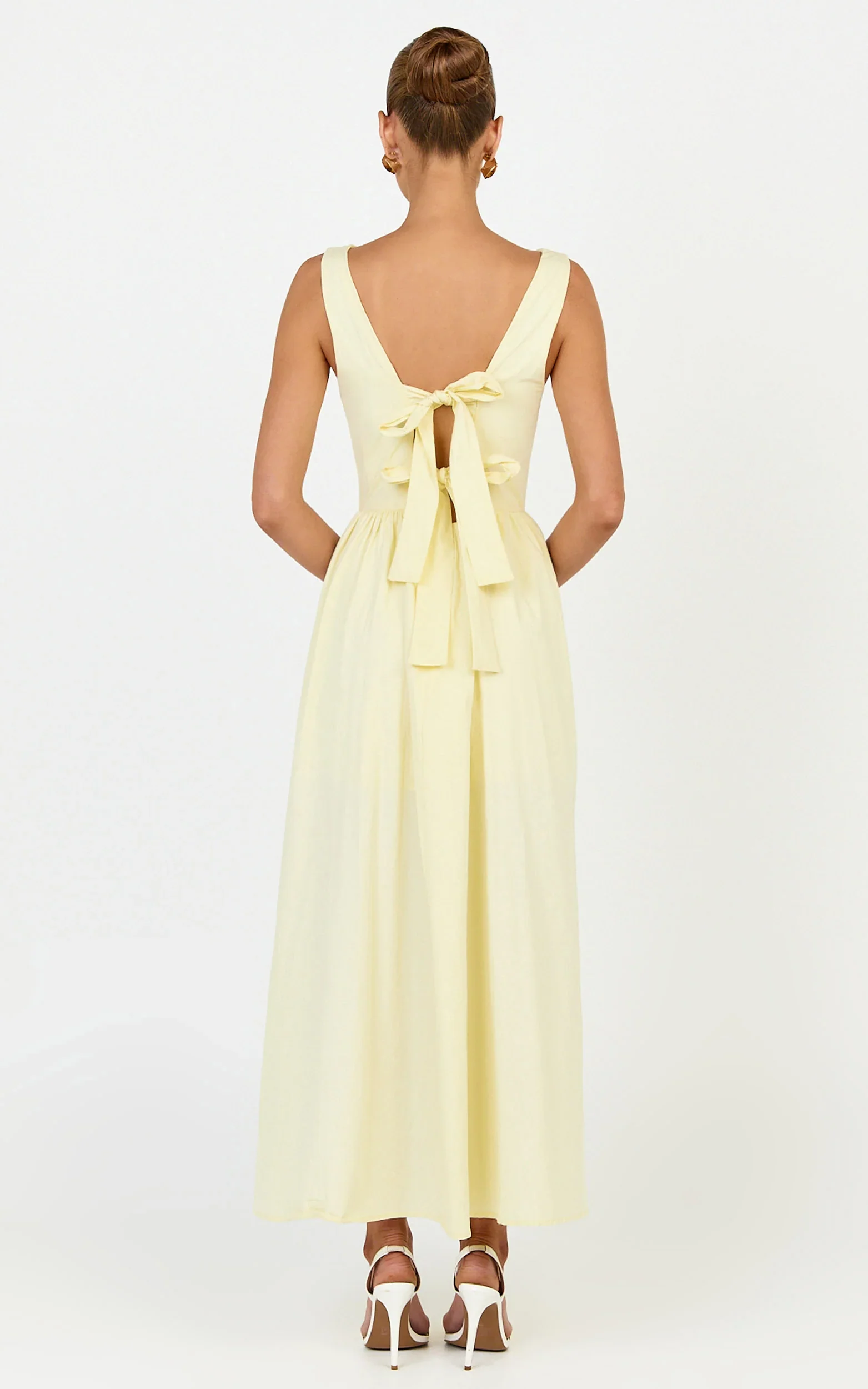 Casina Midi Dress - Boat Neck Tie Back Fit And Flare Dress in Yellow