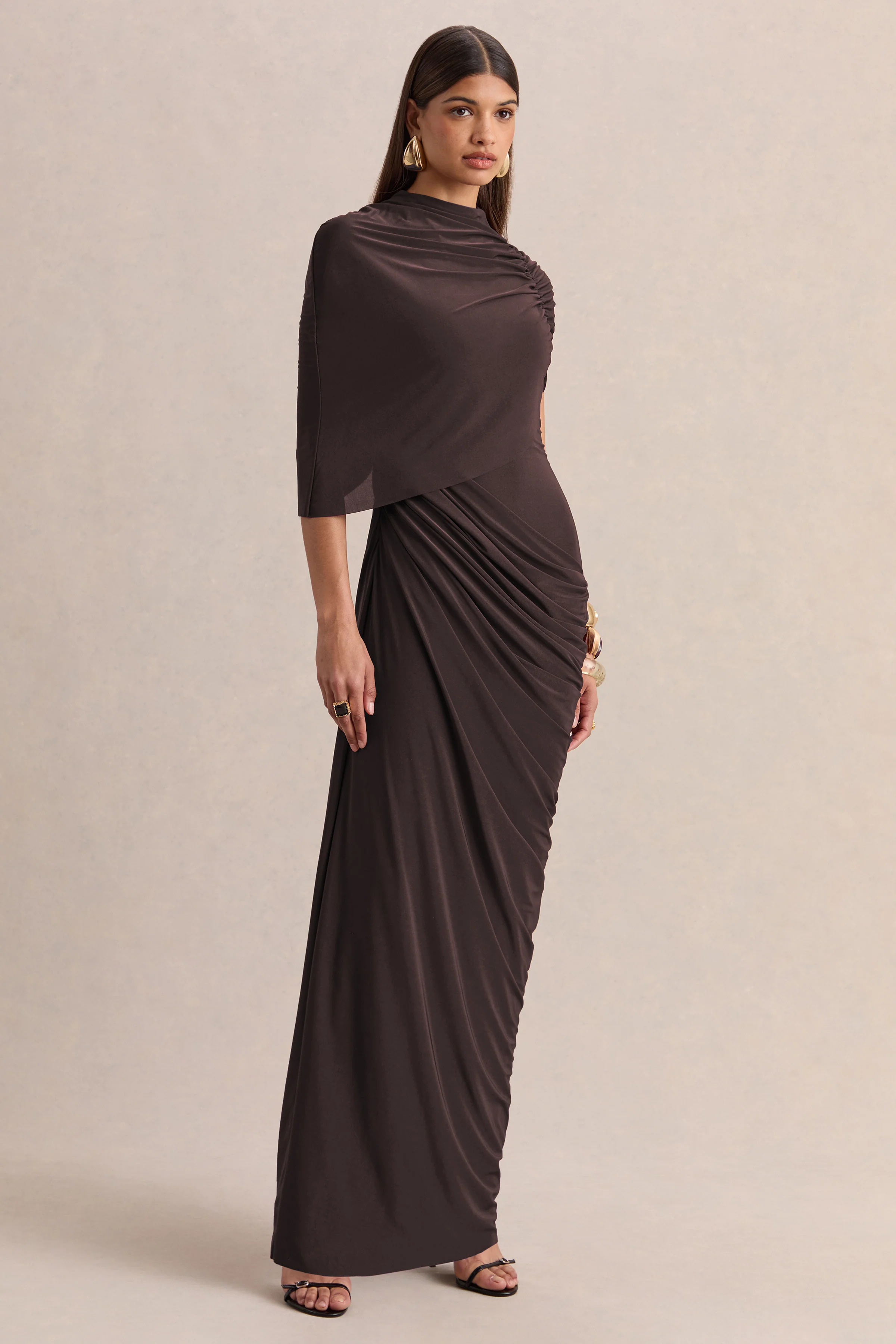 Lunaline | Brown High-Neck Maxi Dress With Asymmetric Cape And Draped-Detailing
