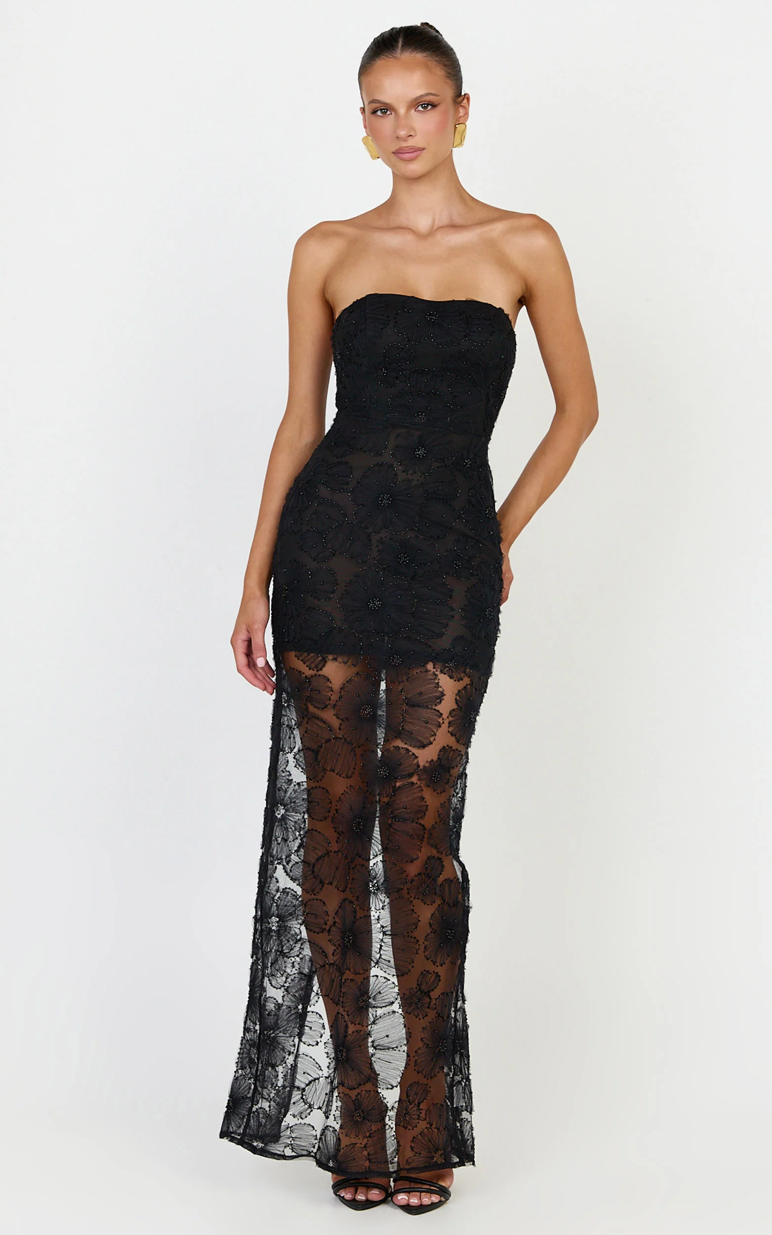 Lima Maxi Dress - Strapless Floral Embellished Column Dress in Black