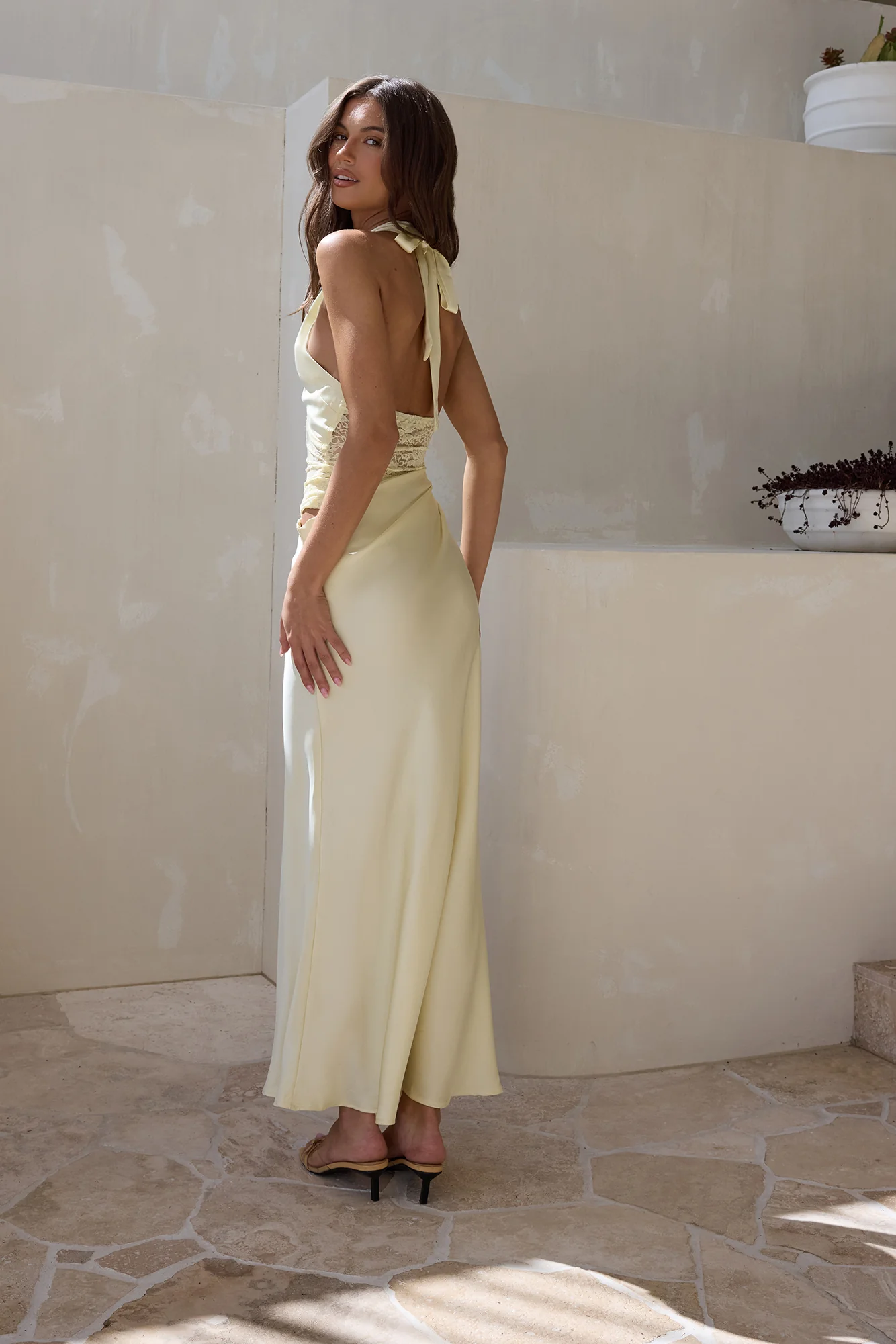 Call Me Yours Lace Halter Satin Maxi Dress Lemon - luluinthesky