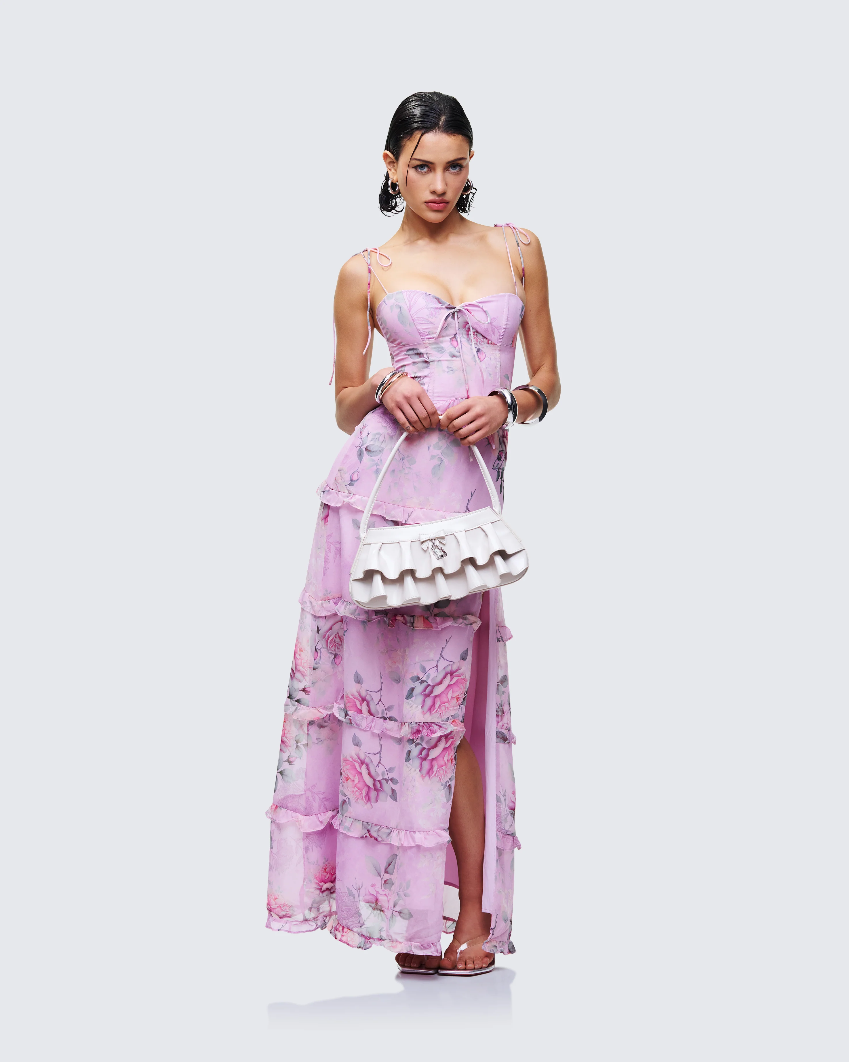 Aven Multi Printed Satin Ruffle Maxi Dress