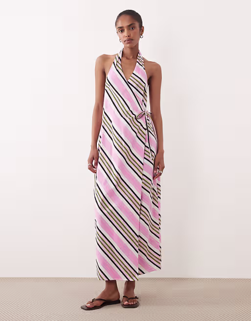 cotton linen halter neck wrap maxi sundress in pink stripes