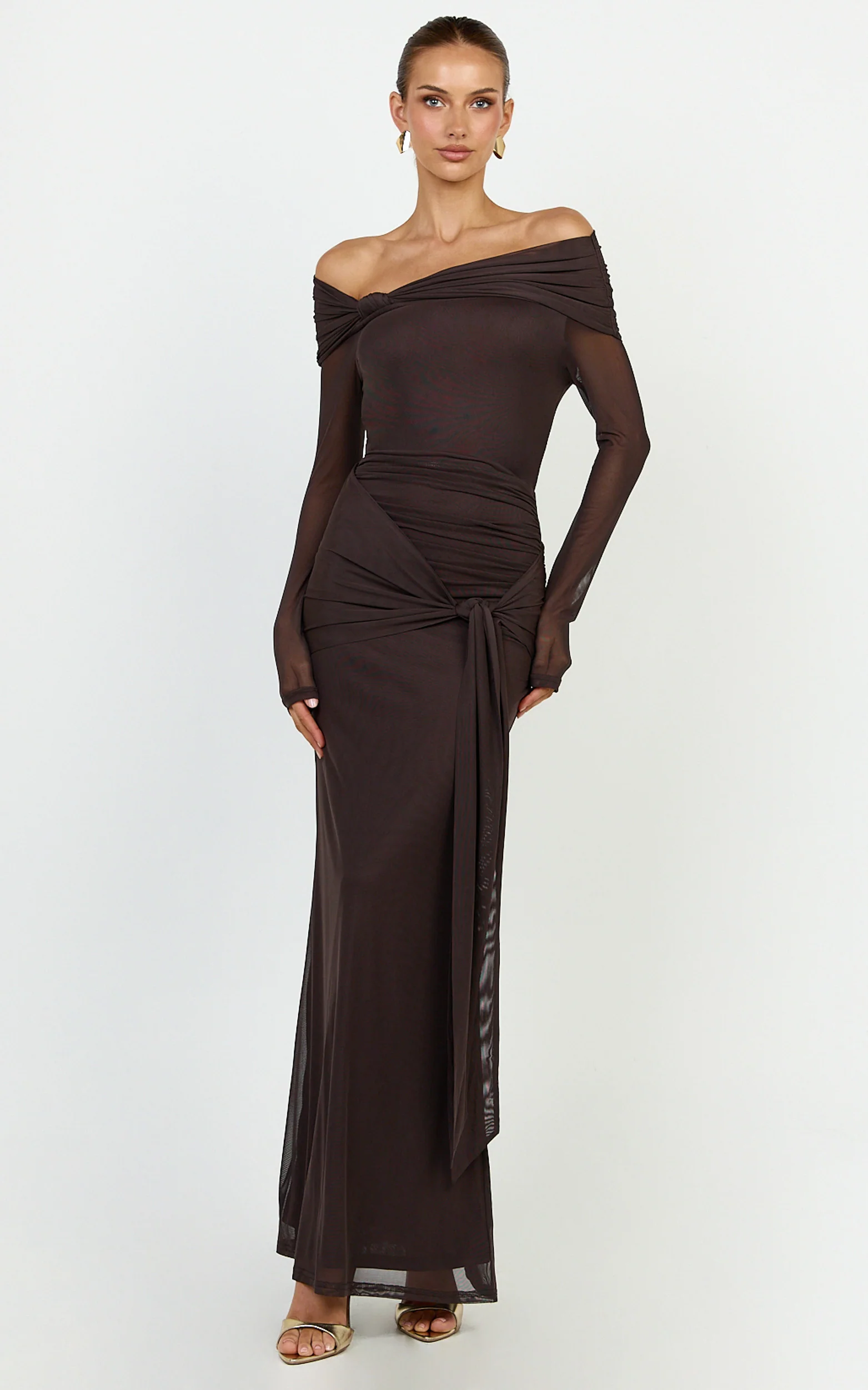 Waverly Maxi Dress - Long Sleeve Off Shoulder Dress in Chocolate