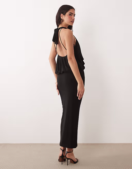 TFNC slinky high neck halter detail backless maxi dress in black