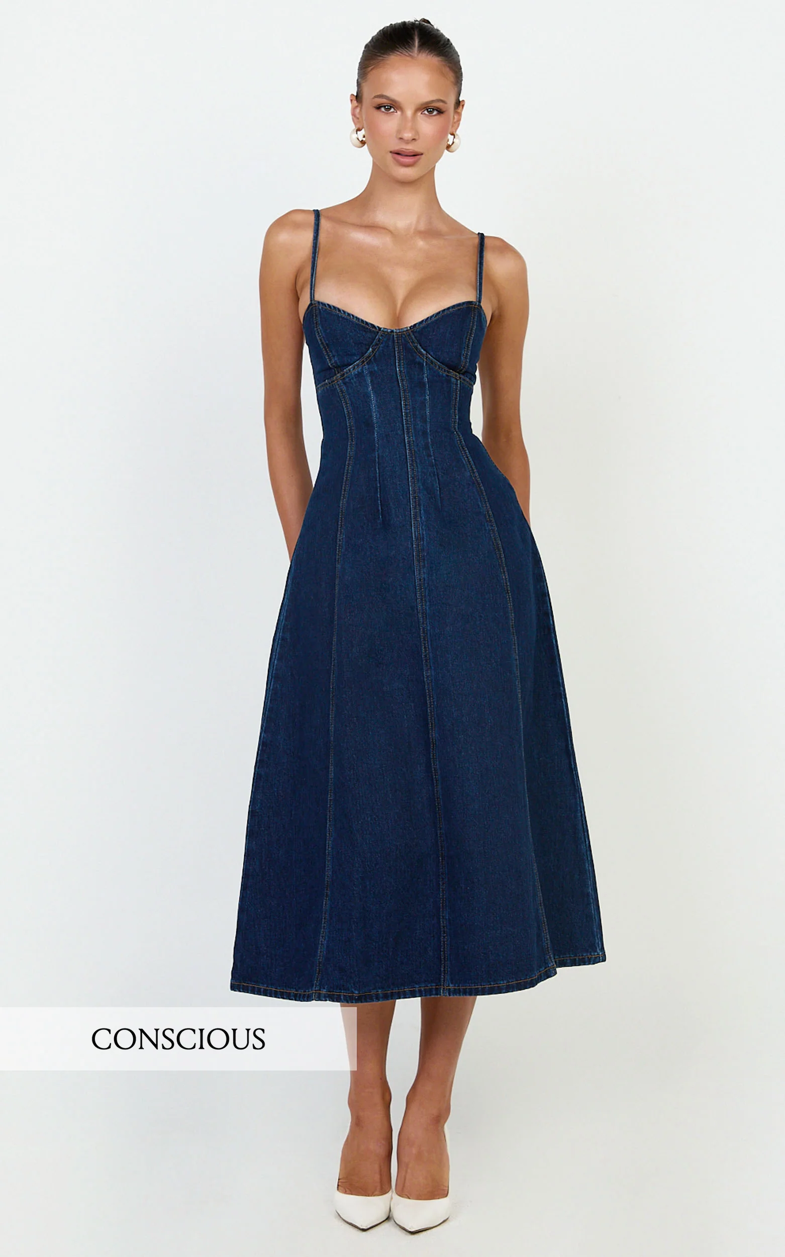 Prisha Midi Dress - Recycled Denim Fit and Flare Dress in Indigo Wash