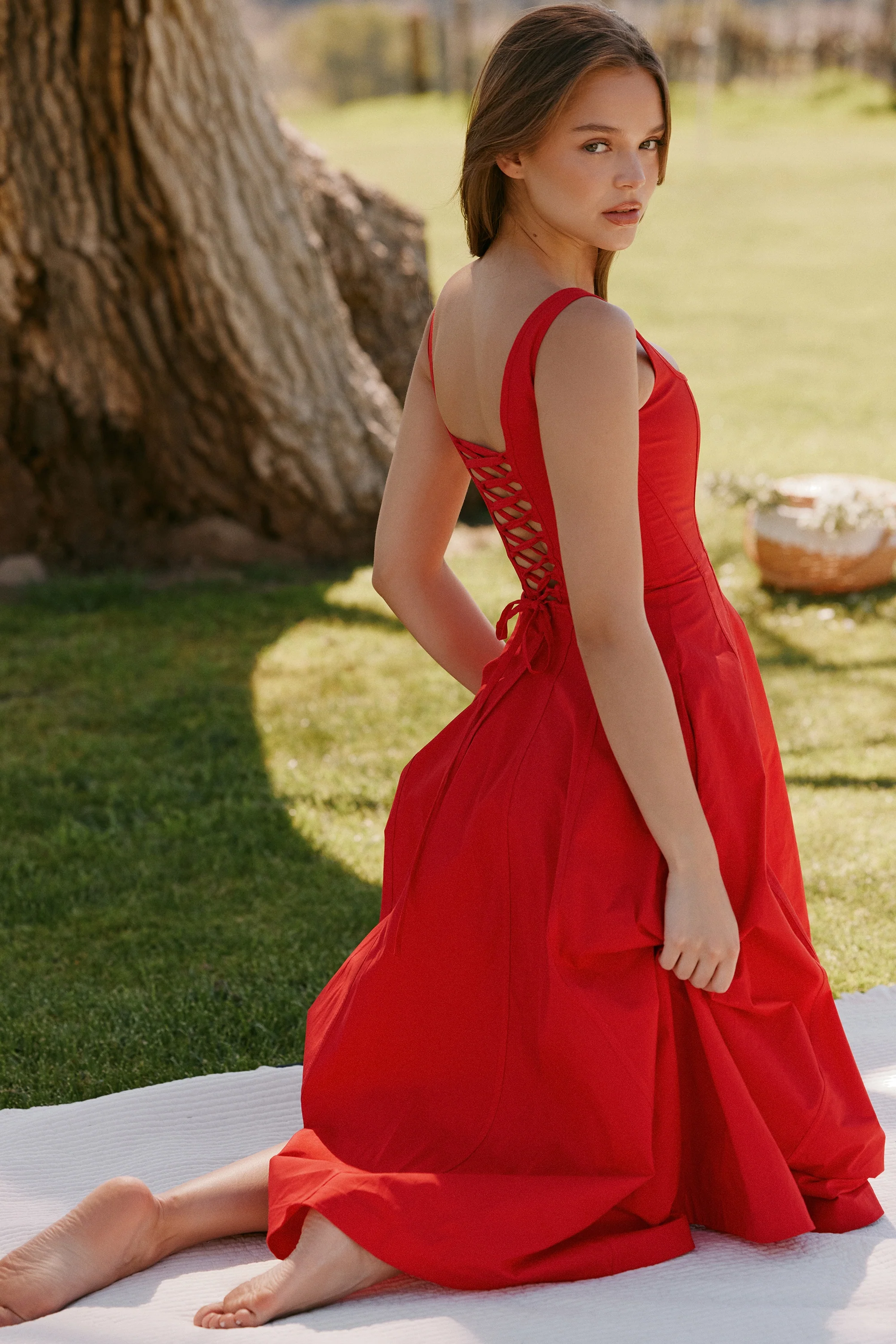 red stretch cotton midi sundress - luluinthesky
