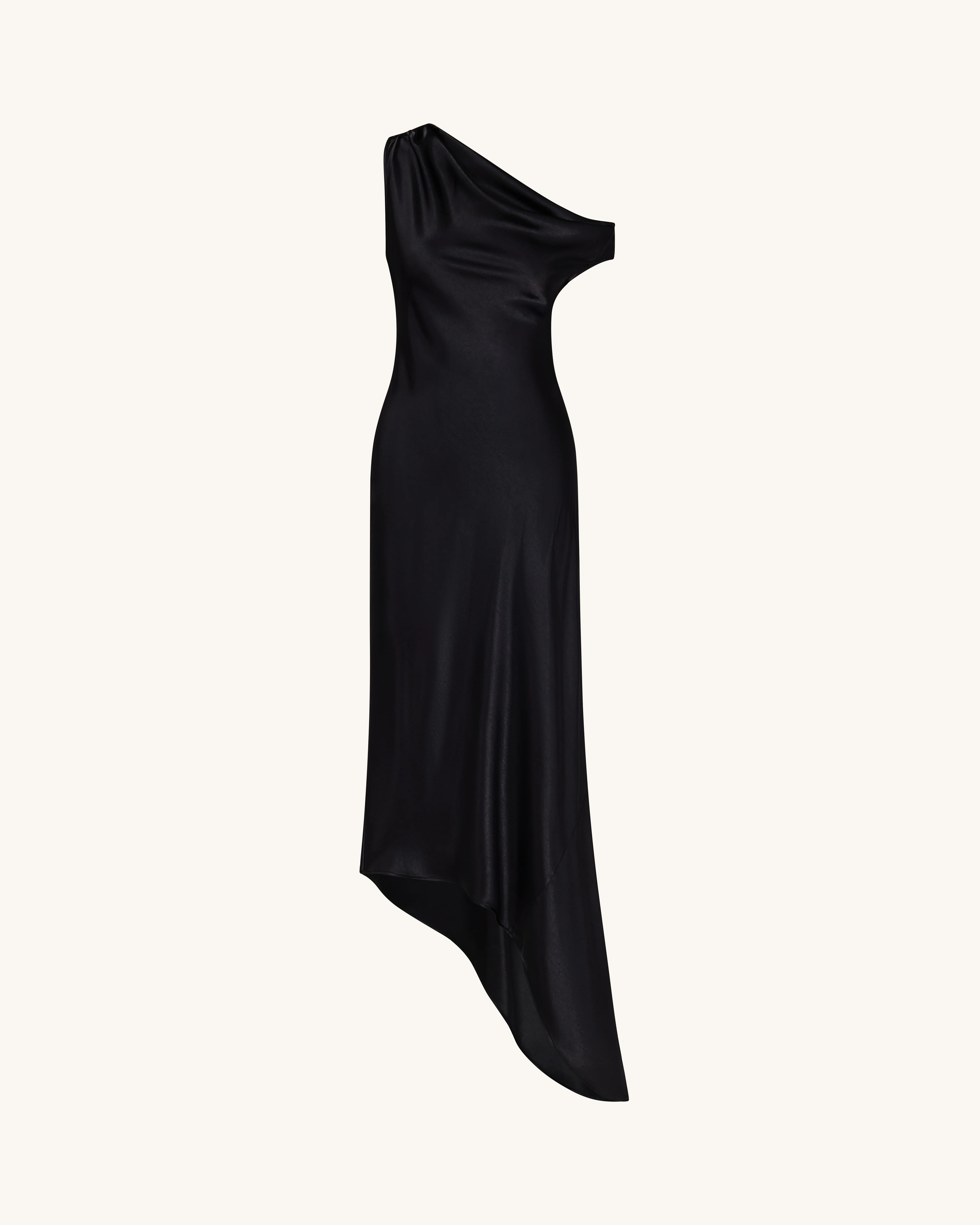 Satin Draped One-Shoulder Asymmetric Dress - Black - FASHION NOB