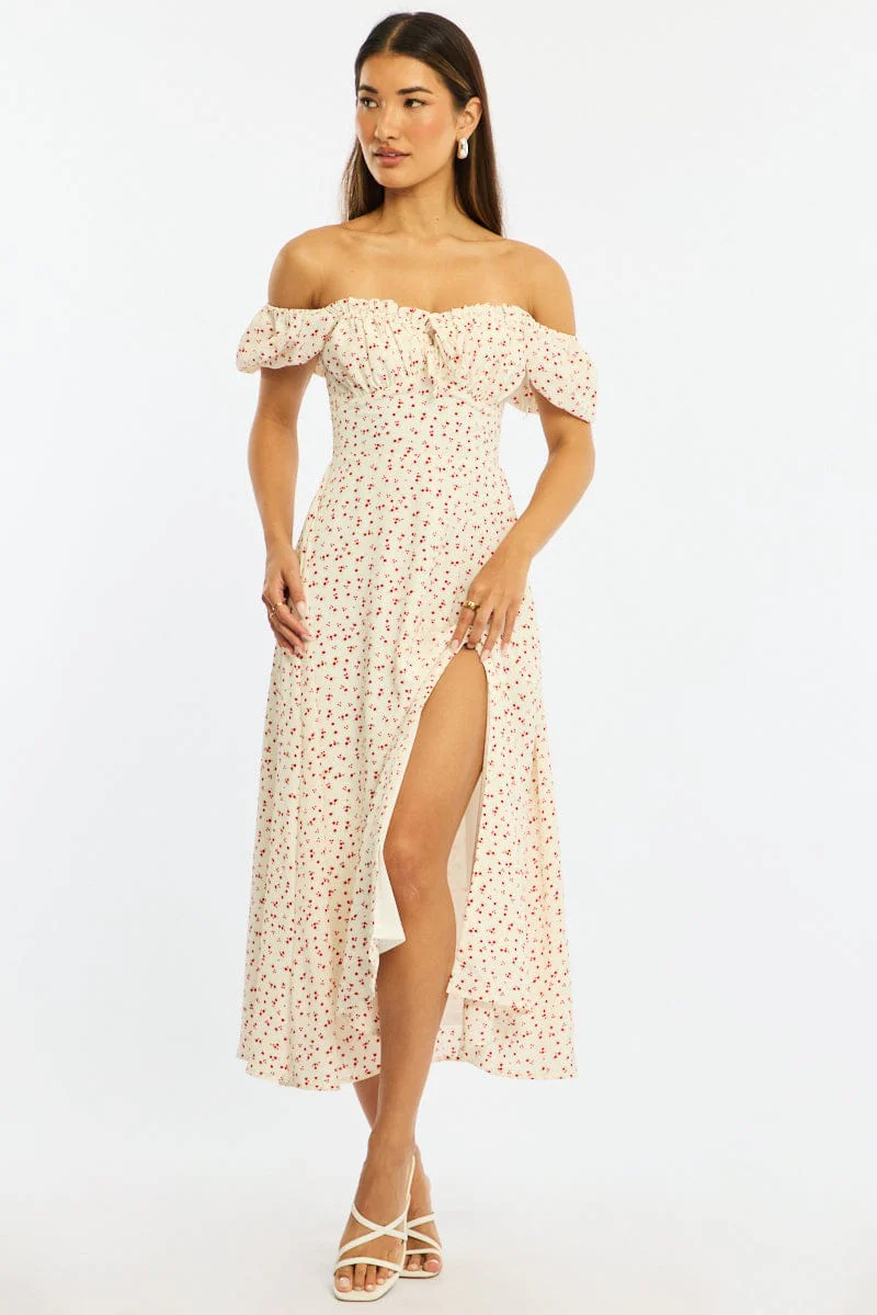 White Ditsy Midi Dress Puff Sleeve
