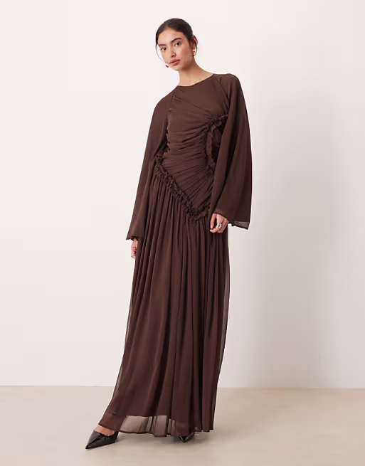 crinkle chiffon gathered maxi dress with micro ruffles in chocolate