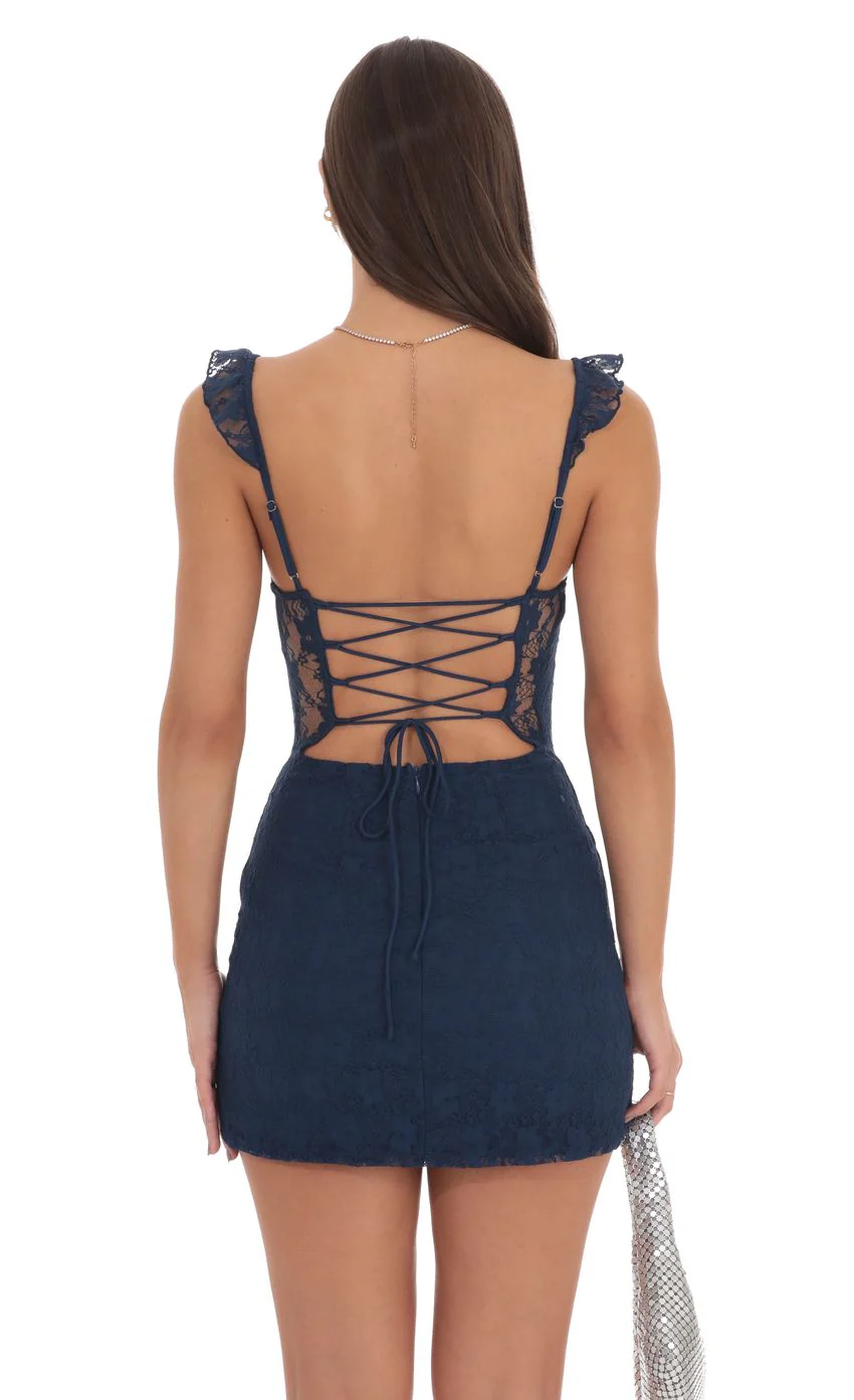 Sweetheart Neck Lace Dress In Navy