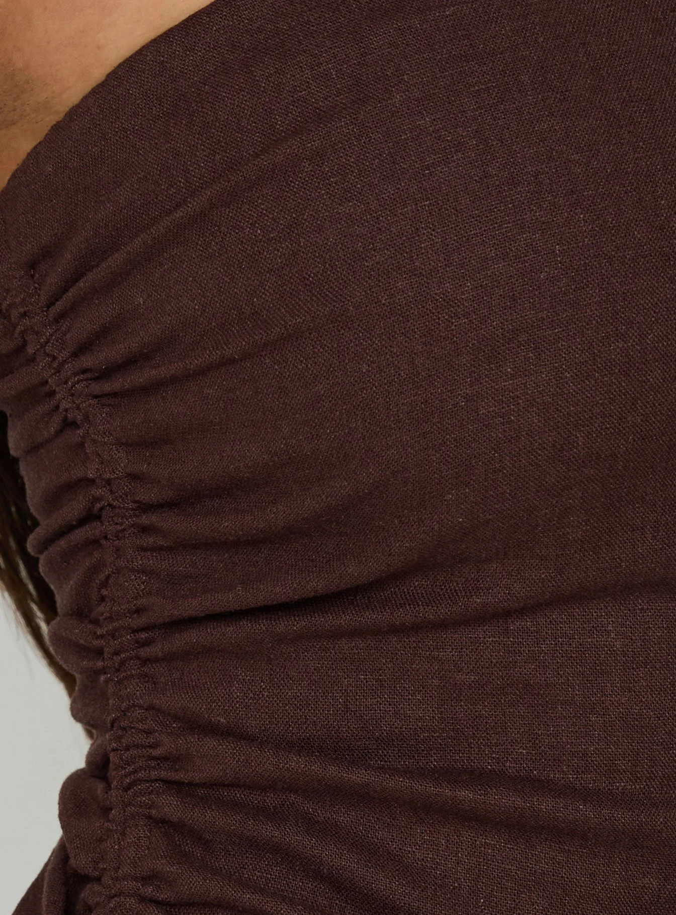 Defined Strapless Gathered Linen Blend Top Brown