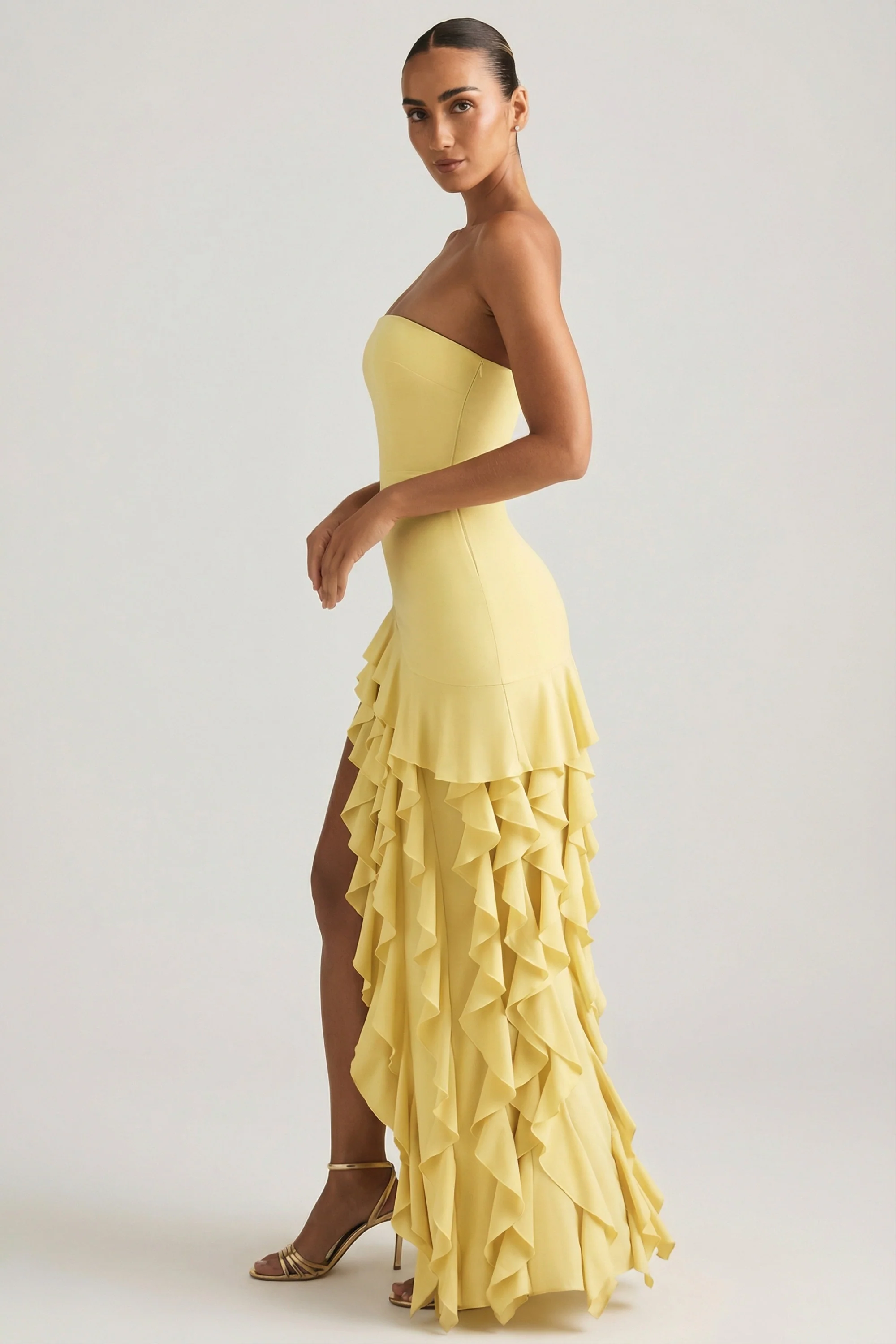 Ruffle-Trim Strapless Gown in Pastel Yellow