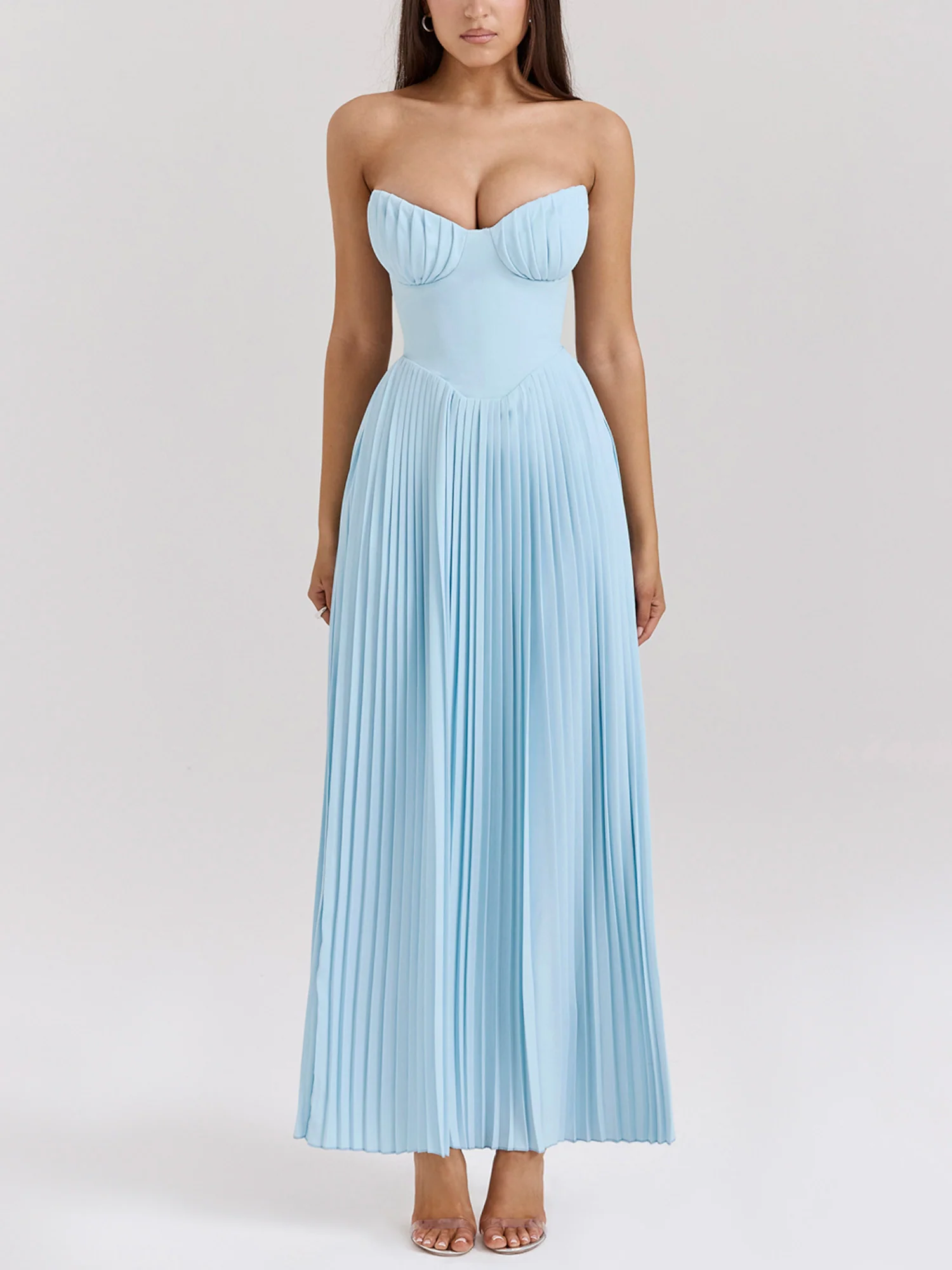 Pleated Strapless Sky Blue Maxi Dress