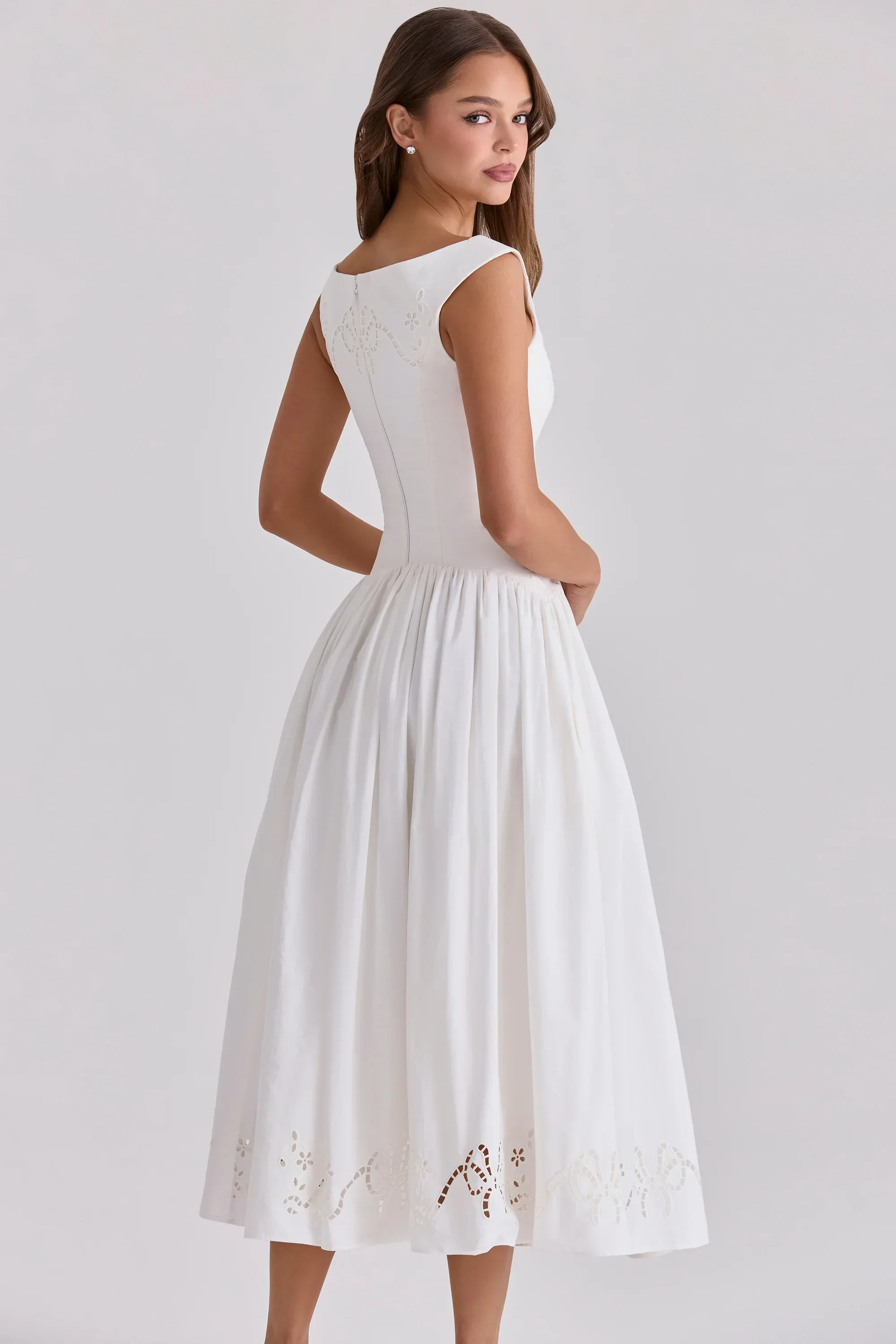 white cotton broderie anglaise boat neck maxi dress - luluinthesky