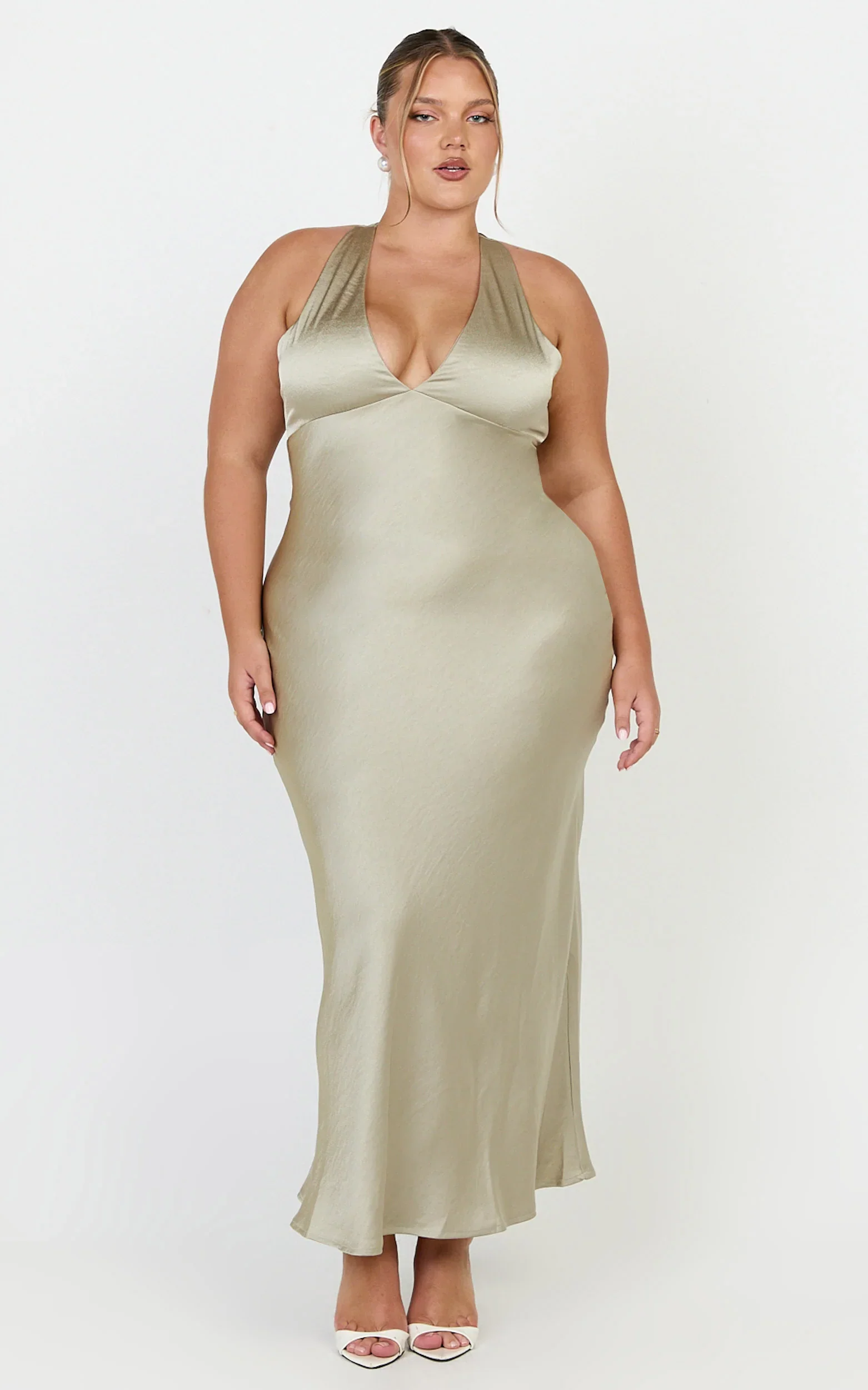 Khalani Maxi Dress - Deep V Neck Satin Slip Dress in Light Olive