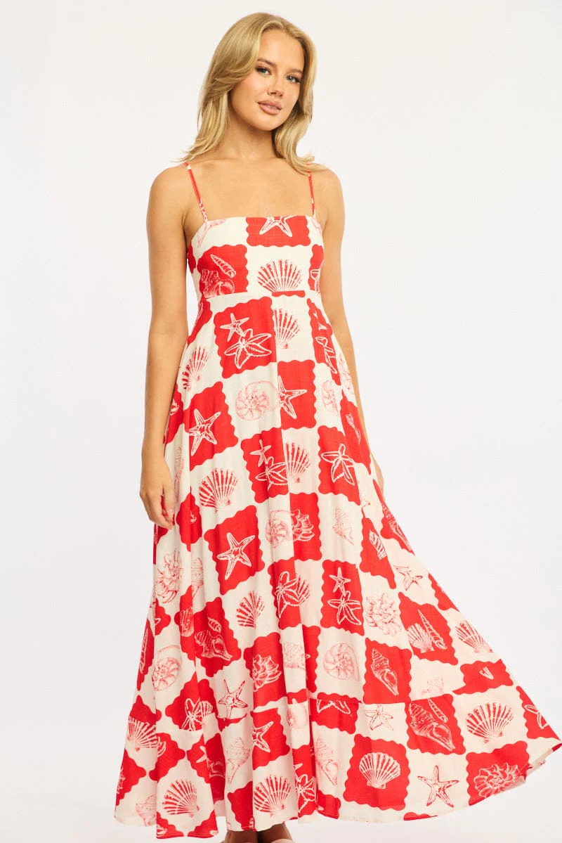 Red Abstract Maxi Dress Strappy