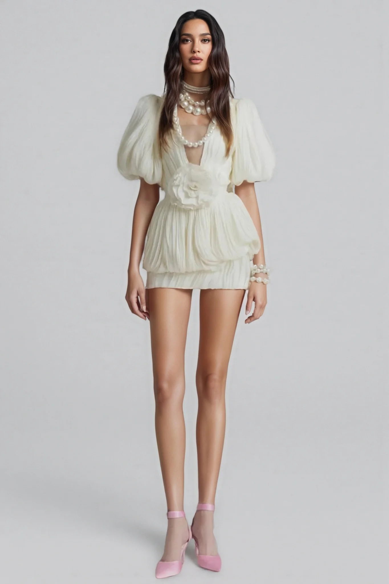 Clark White 3D Flower Pleated Mini Dress