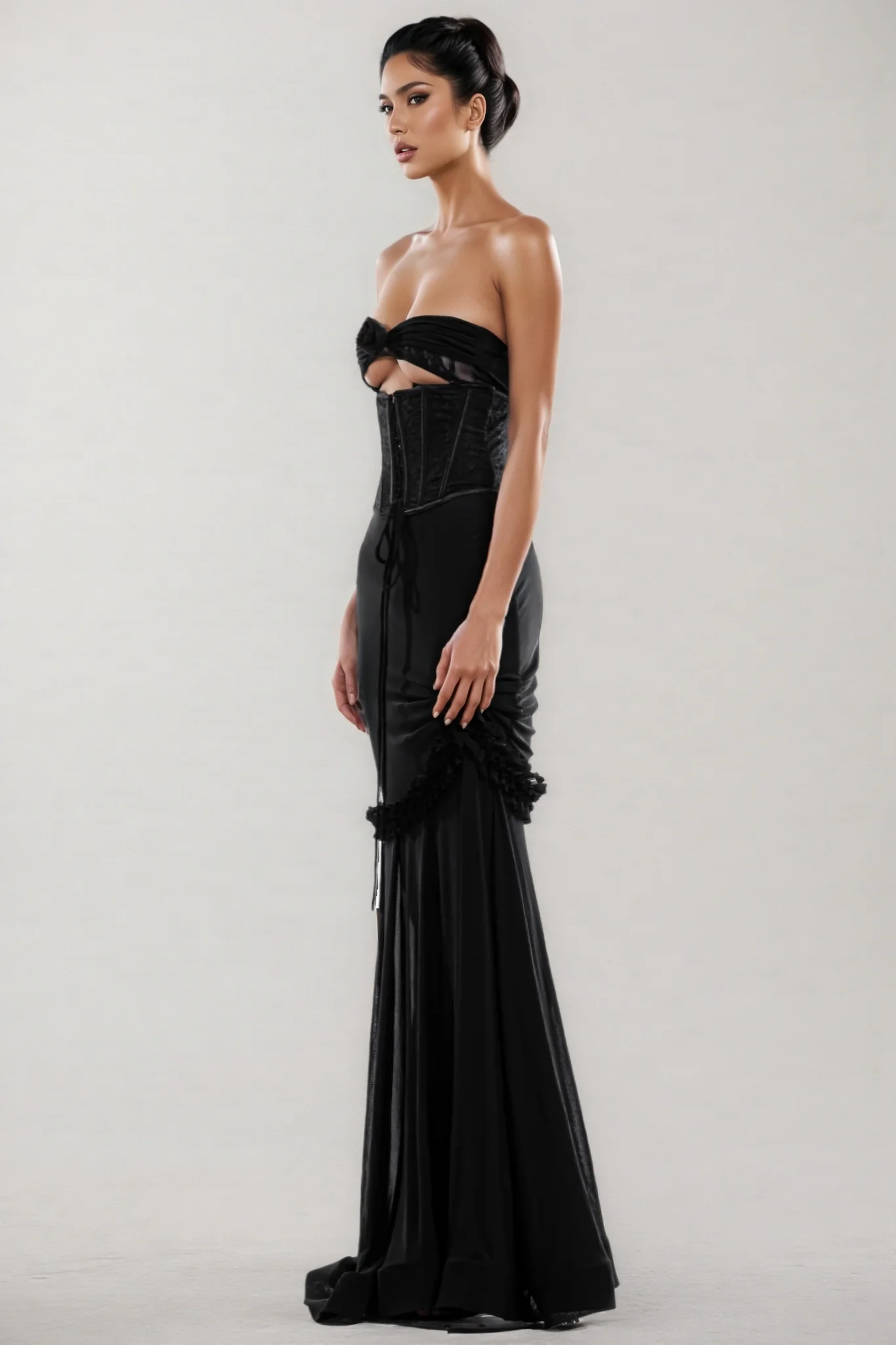 Rykelf Black Embroidered 3D Flower Maxi Dress