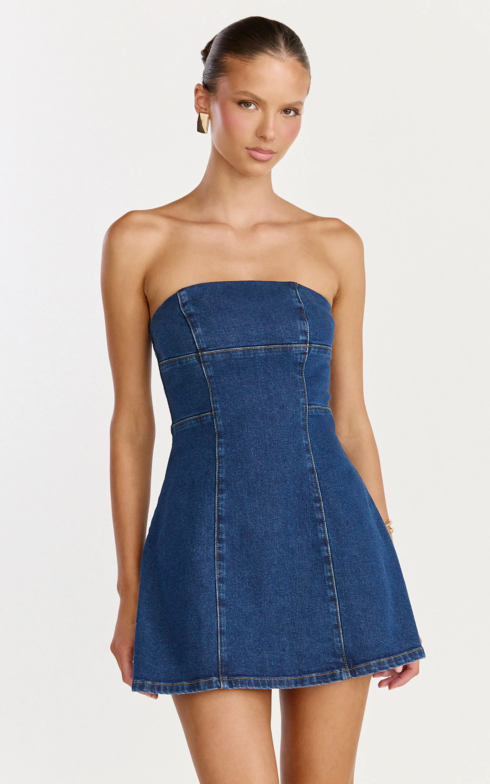 Mirabel Mini Dress - Denim Strapless A Line Mini Dress in Dark Mid Blue Wash