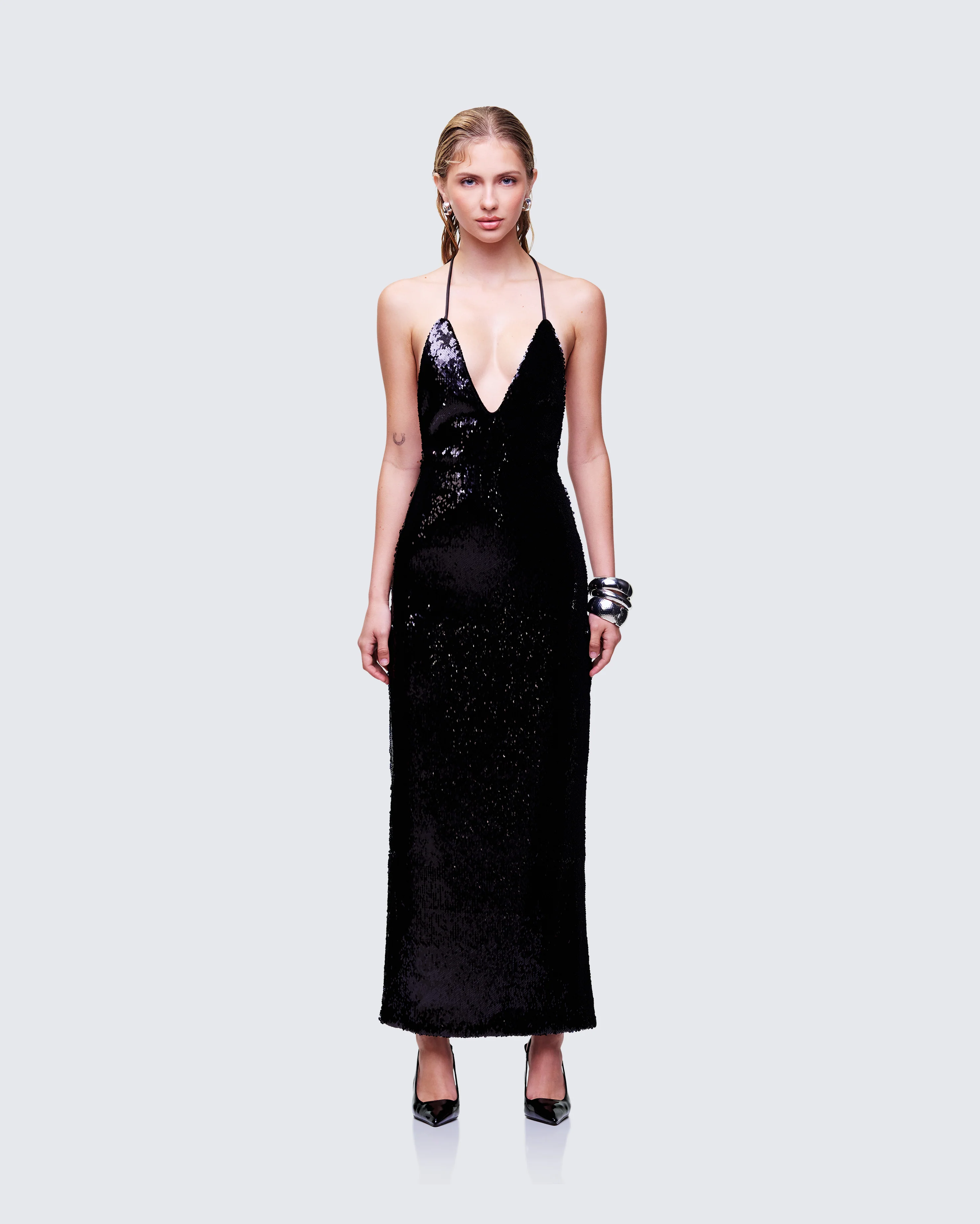 Khadija Black Sequin Pencil Midi Dress