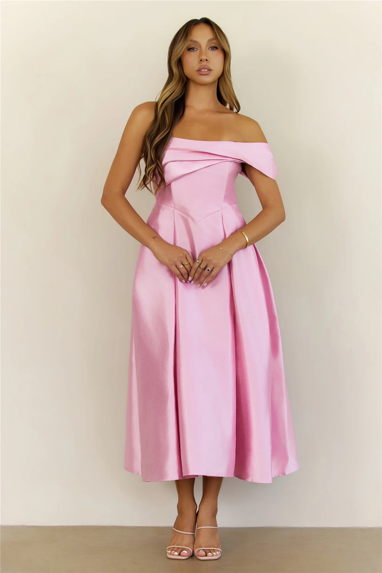 Timeless Satin Folded Off Shoulder Midi Dress Pink