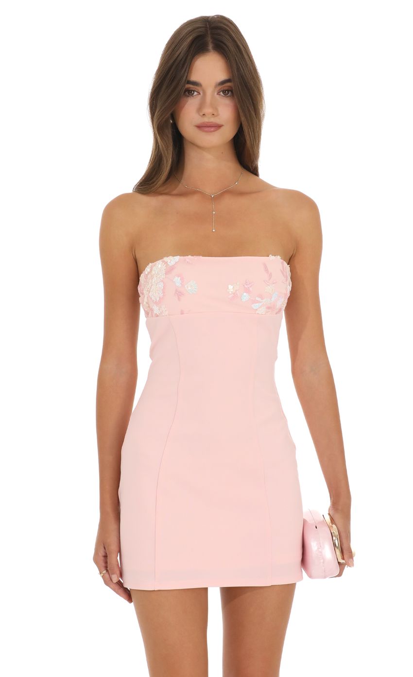 Strapless Floral Mini Dress in Pink