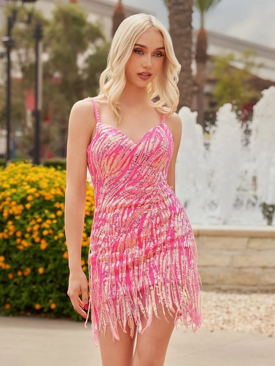 Hot Pink Sheath V Neck Sequined Tassels Homecoming Dresses