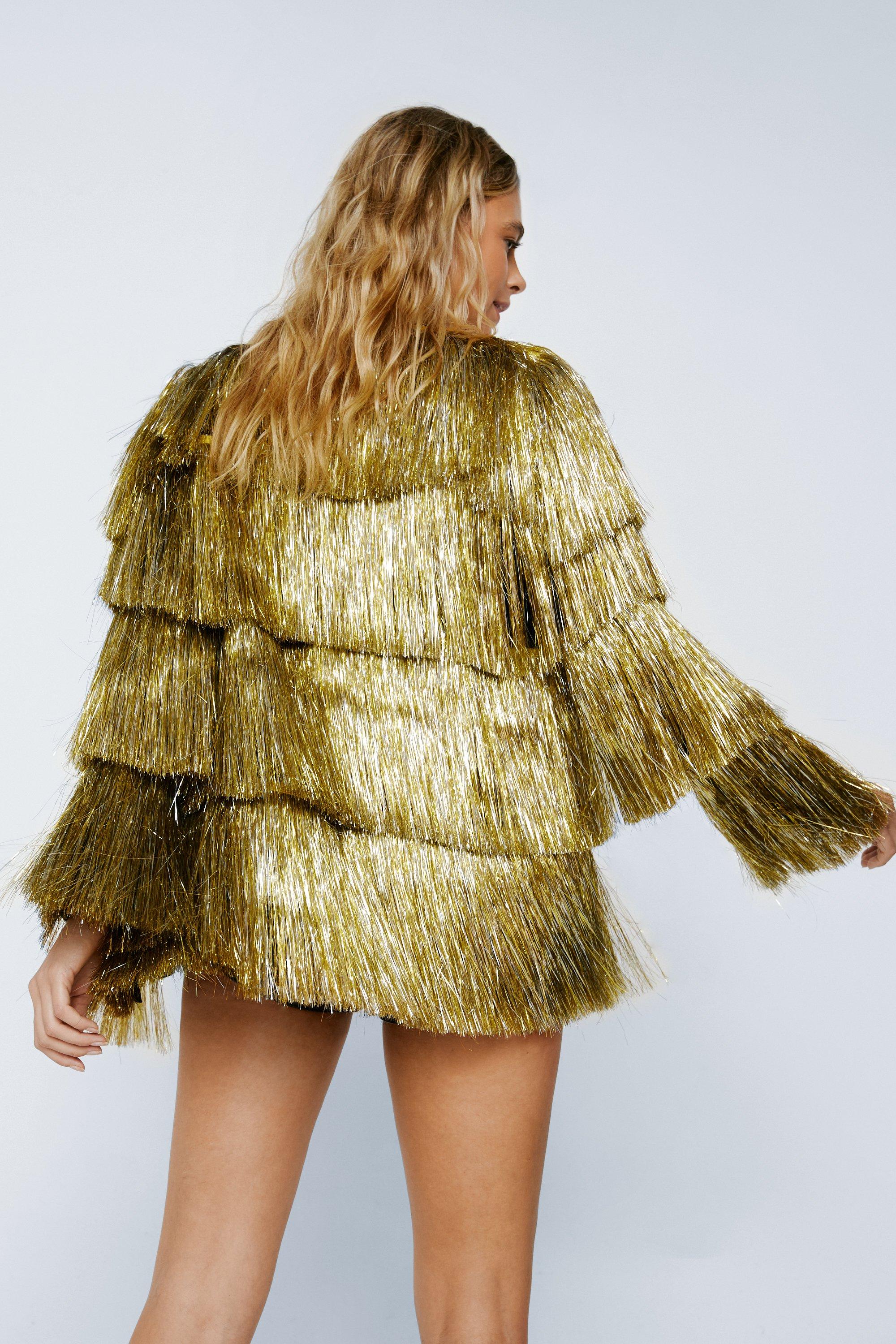 Metallic Open Front Tiered Tinsel Fringe Jacket