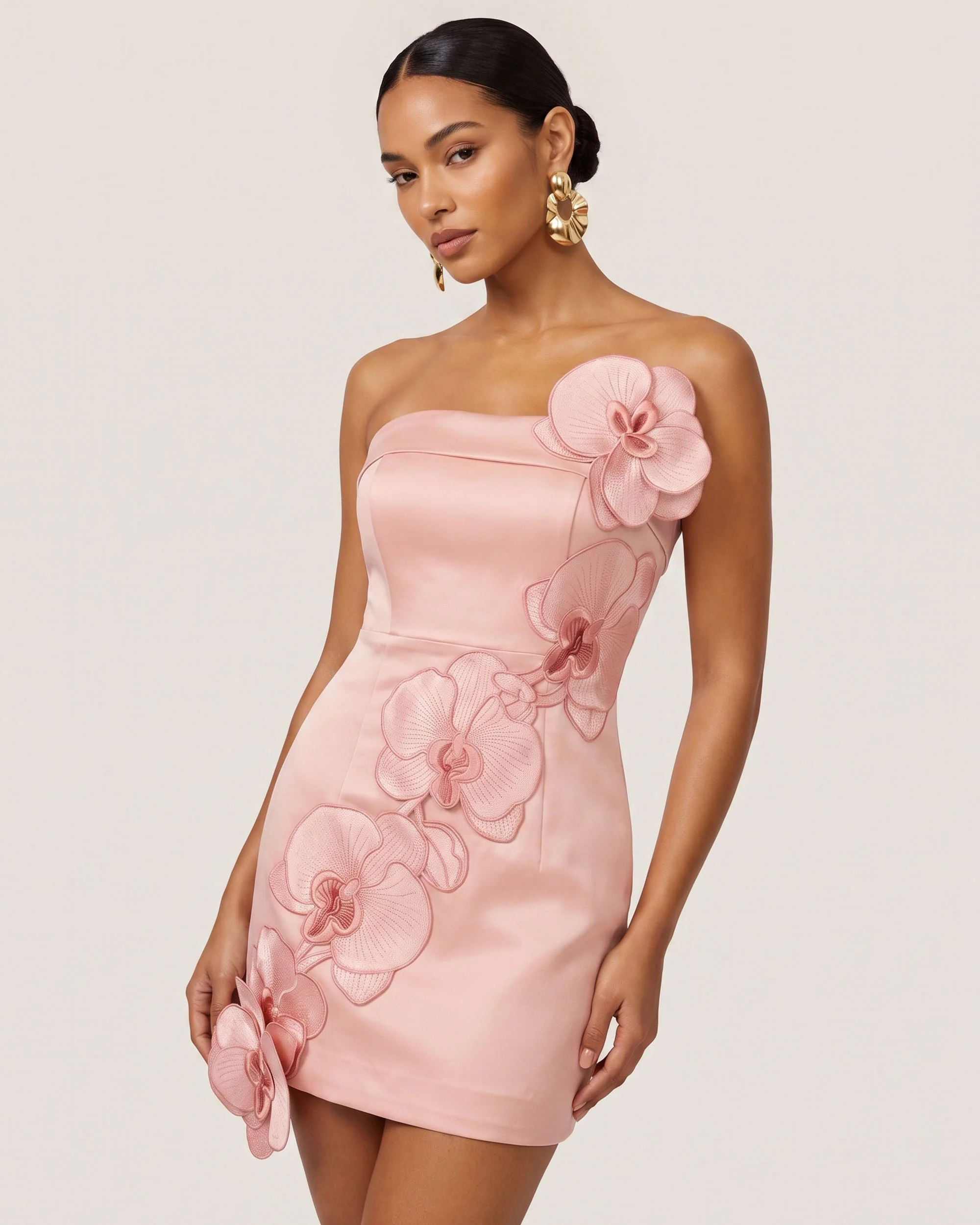 Orchid Embroidered Floral Appliqué Strapless Mini Dress - Pink - FASHION NOB