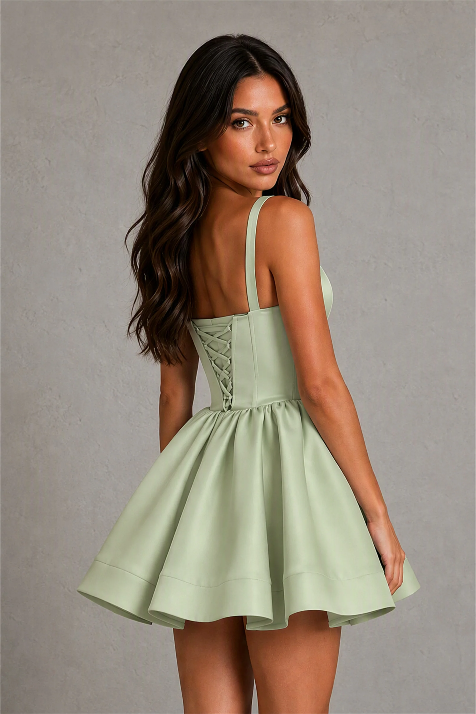 BOLODOO Baby Sage Green Satin Square Neck Bow Strap Lace-Up Back Bubble Mini Dress | Cocktail Party Date Night Dress