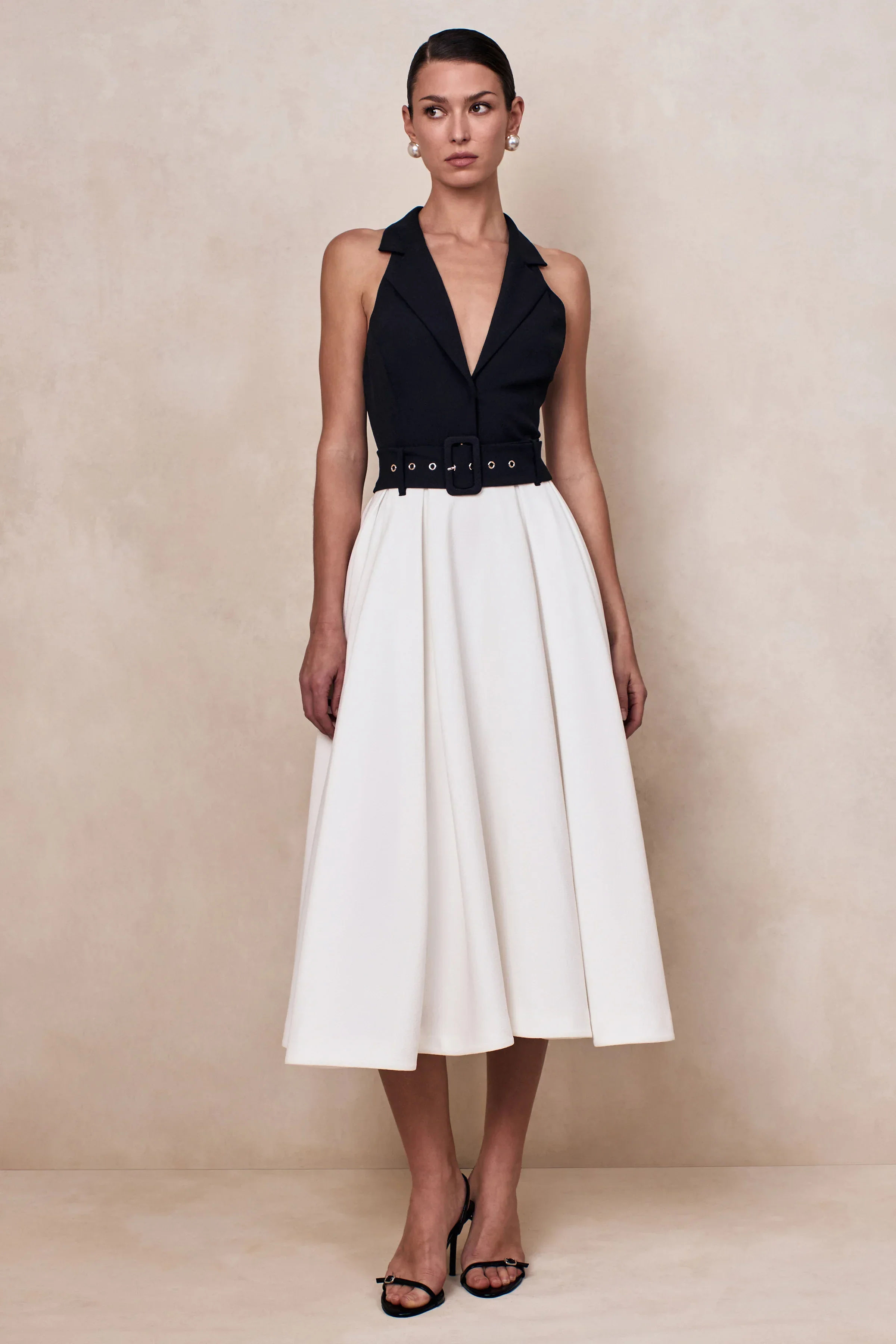 Alessa | Black & White Plunge-Neck Tailored Midi Dress