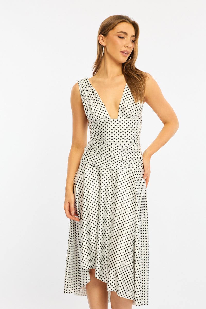 White Polka Dot Midi Dress Hanky Hem