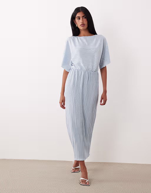 YAS plisse waisted midi dress with silver foil spot print in baby blue