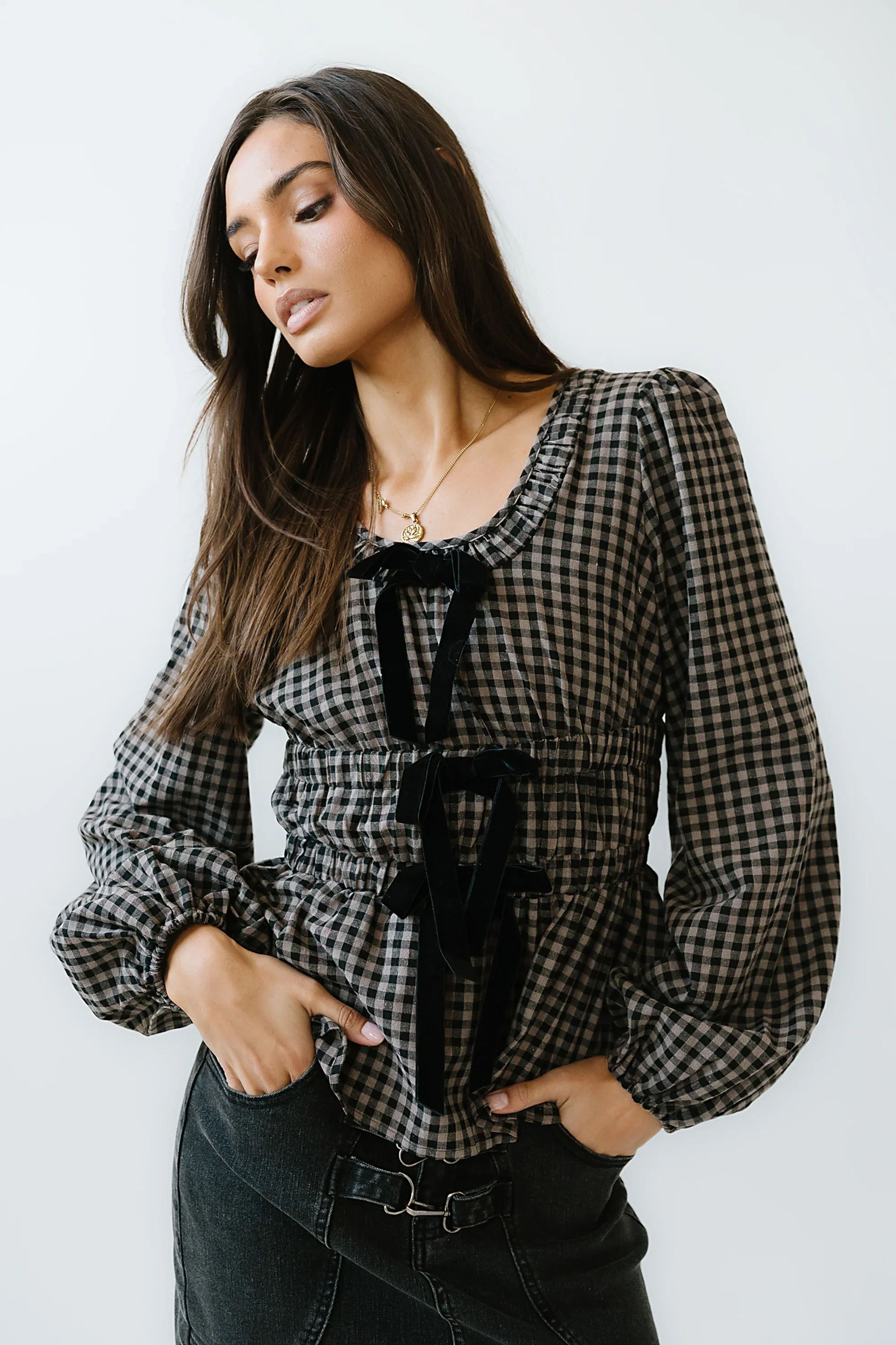 Ella Tie Peplum Blouse in Black