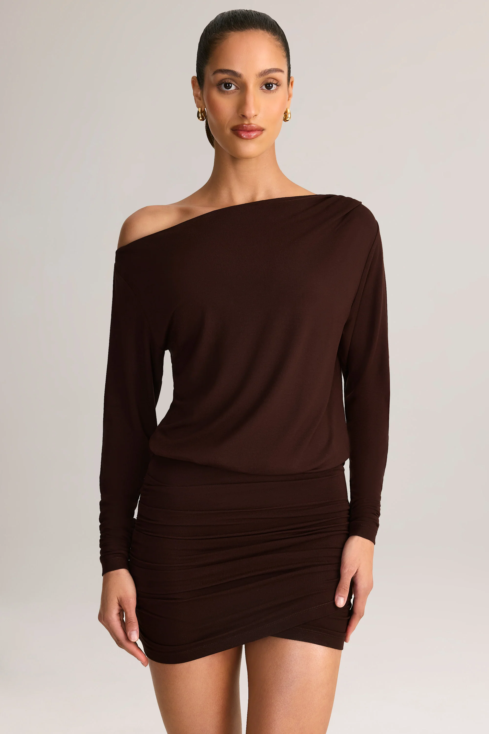 Modal Off-Shoulder Wrap Mini Dress in Chocolate Brown