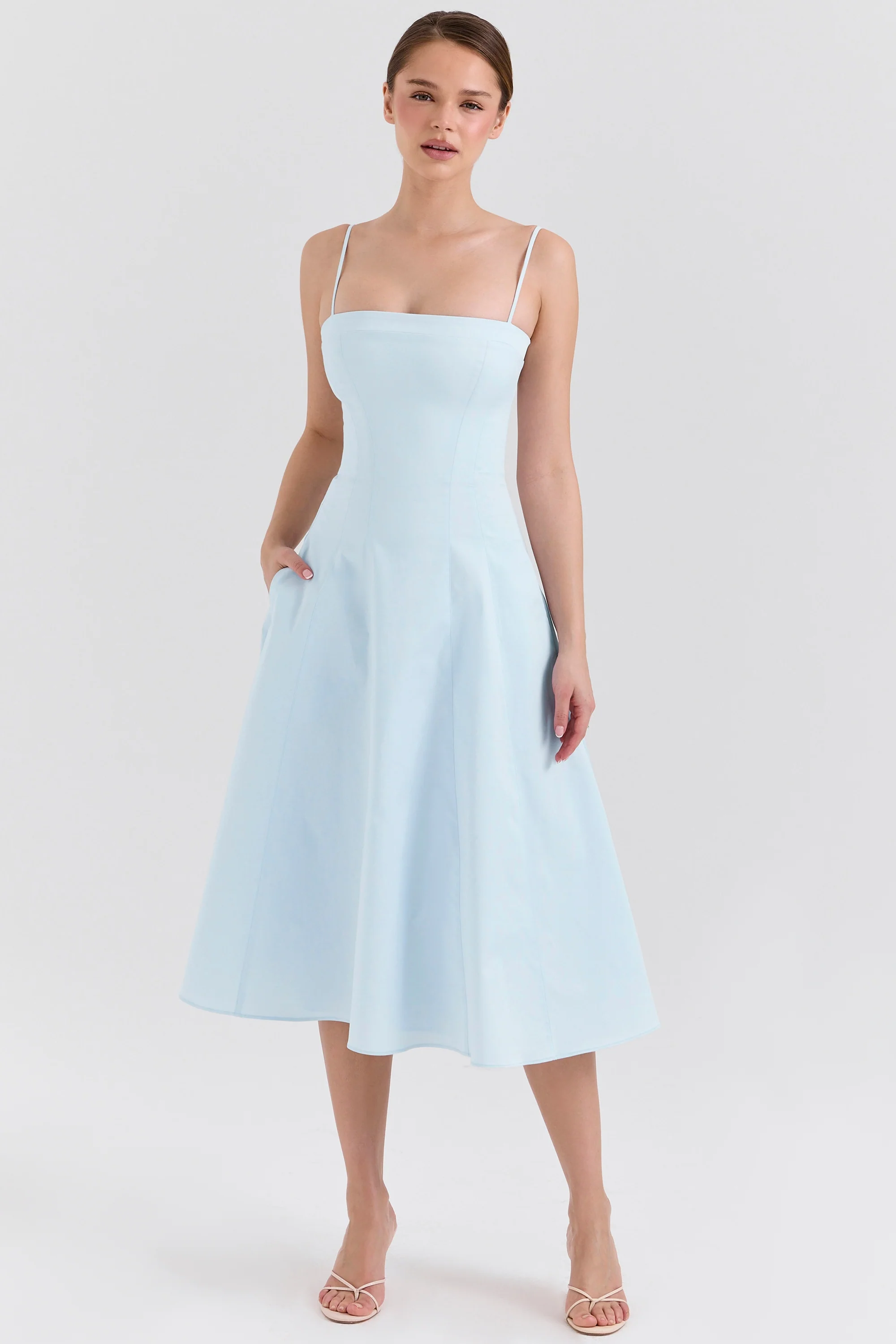 soft blue stretch cotton a-line midi sundress
