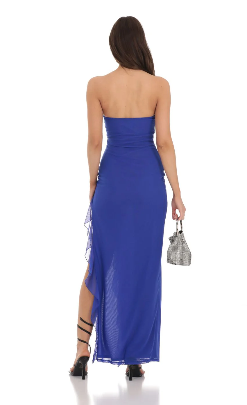 Strapless Mesh Ruffle Slit Dress in Royal Blue - luluinthesky
