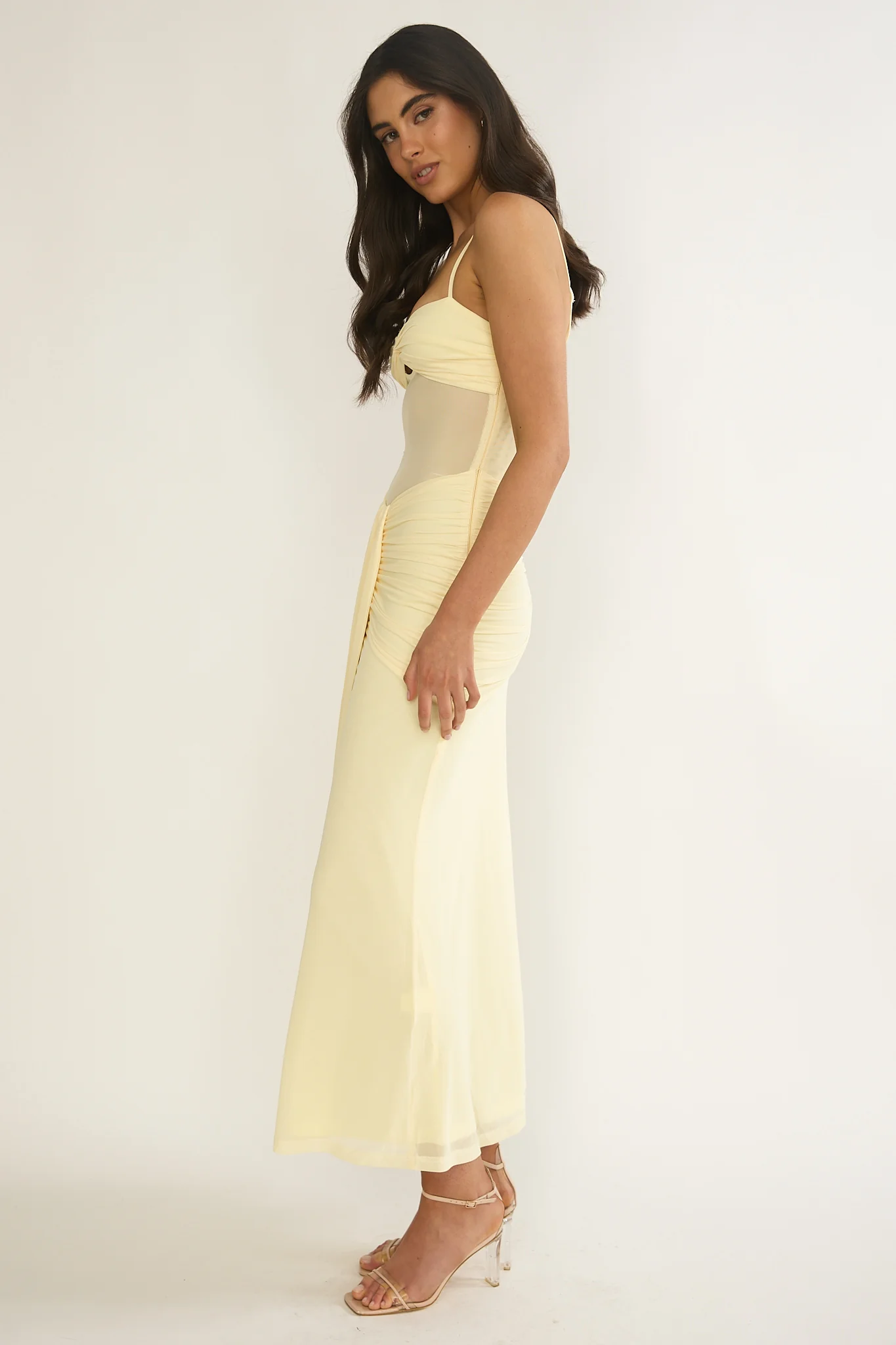 Kamilah Ruched Sheer Waist Maxi Dress Yellow