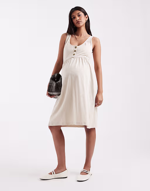 Mamalicious Maternity 2 function button up nursing mini sundress in cream