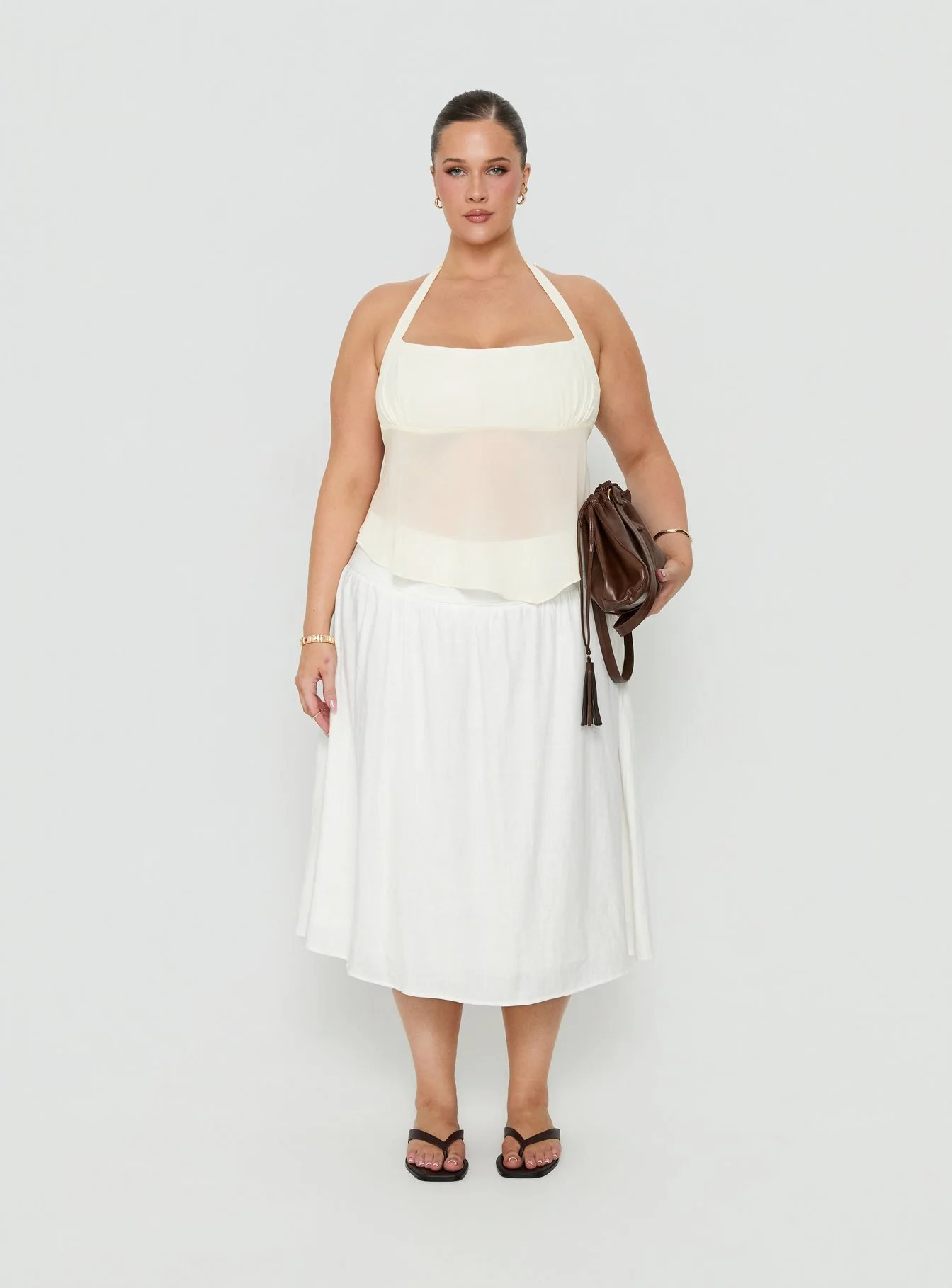 Heart Of Gold Linen Blend Midi Skirt White Curve