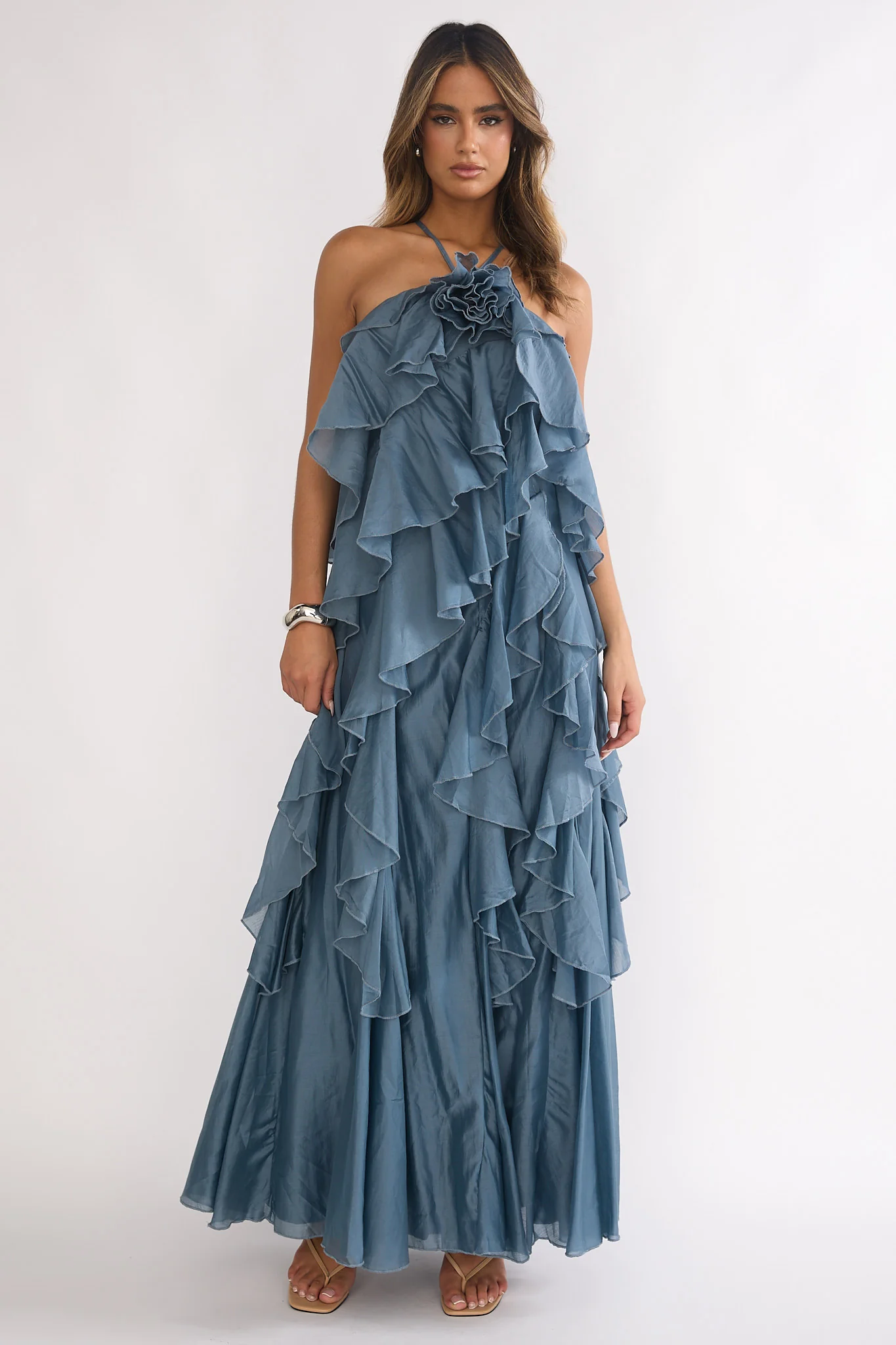 Oceara Ruffle Trim Spaghetti Strap Maxi Dress Slate Blue