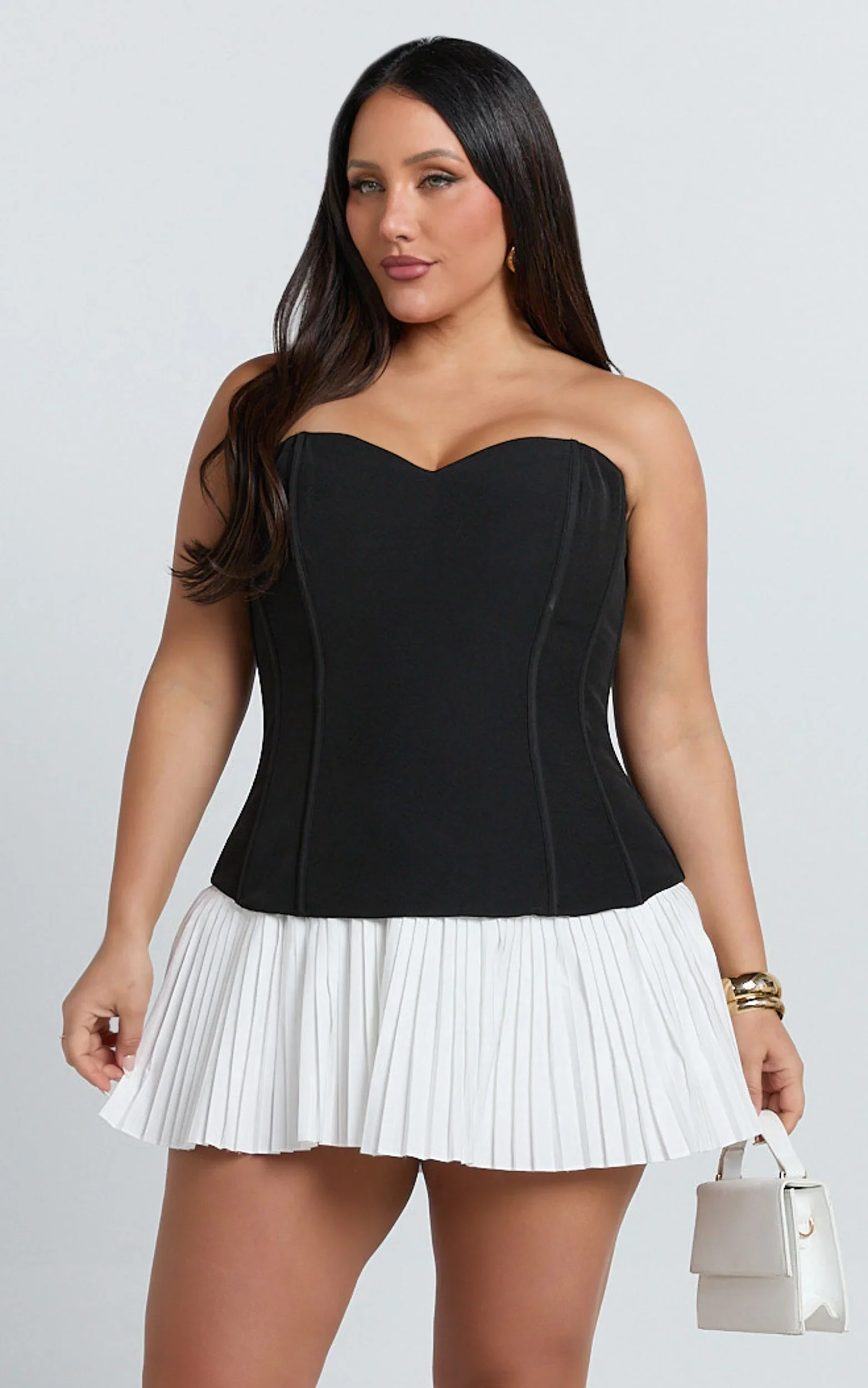 Deb Mini Dress - Strapless Sweetheart Contrast Bodice Pleated Dress in White/Black