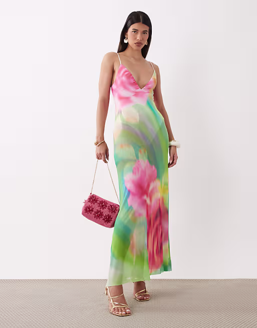 AFRM Rivka printed mesh inbuilt bodysuit detail plunge neck maxi dress in green floral print