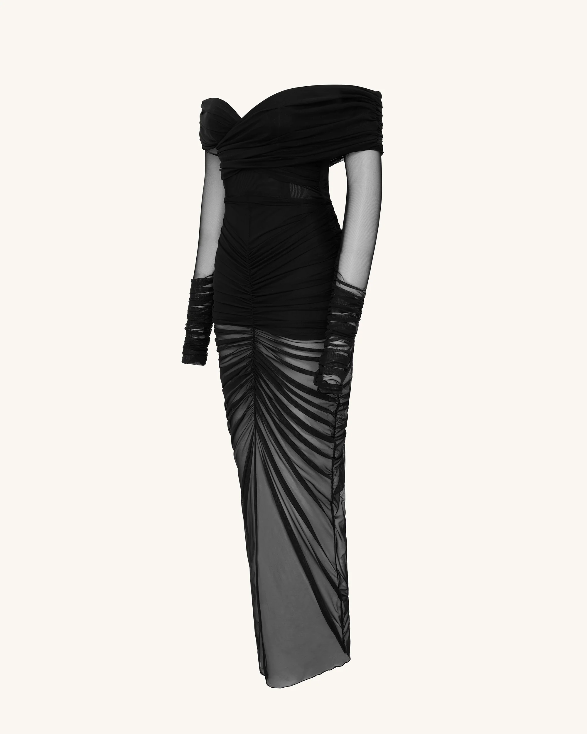 Emily Elegant Off-Shoulder Ruched Gown - Black - FASHION NOB