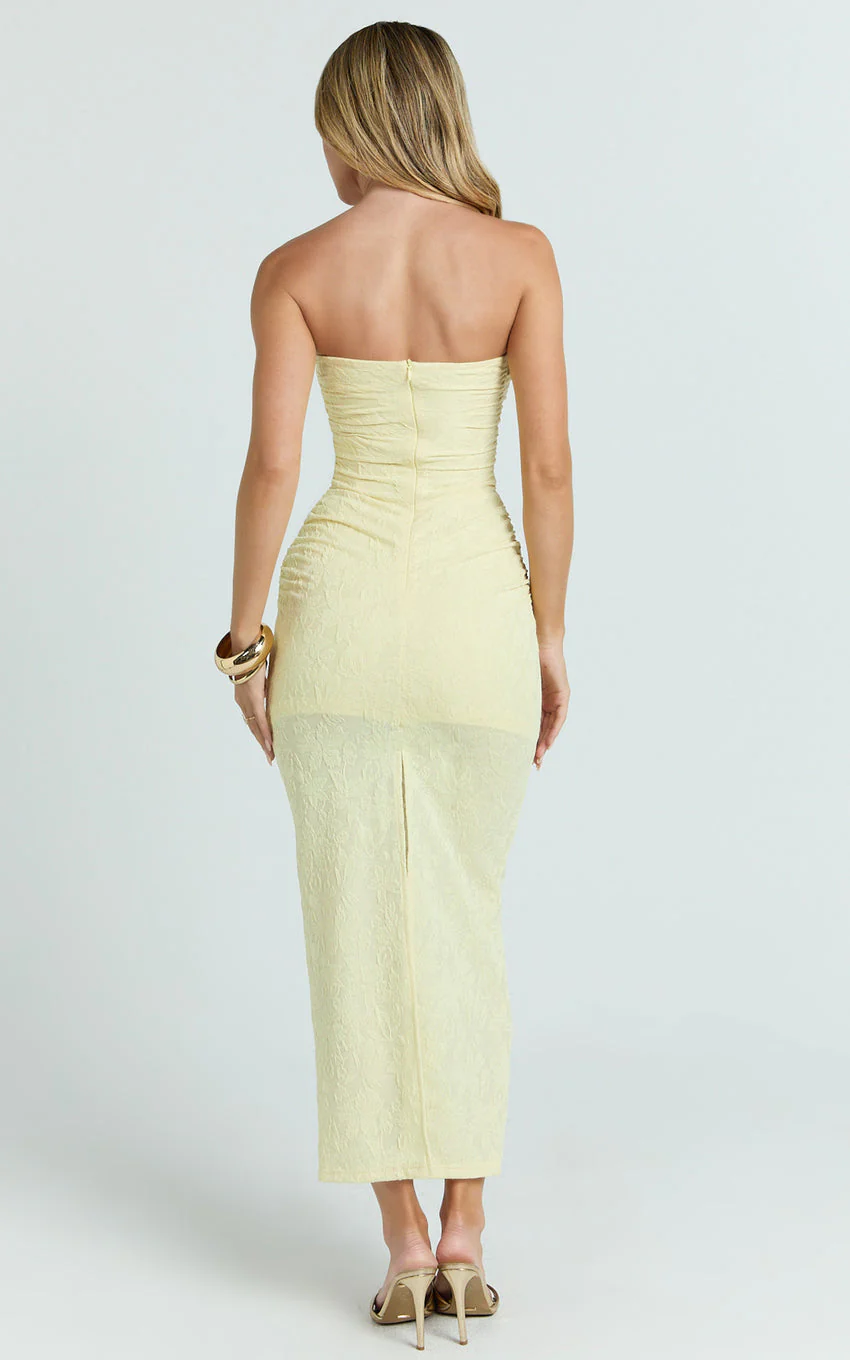 Kayrene Midi Dress - Strapless Bodycon Dress in Butter Yellow